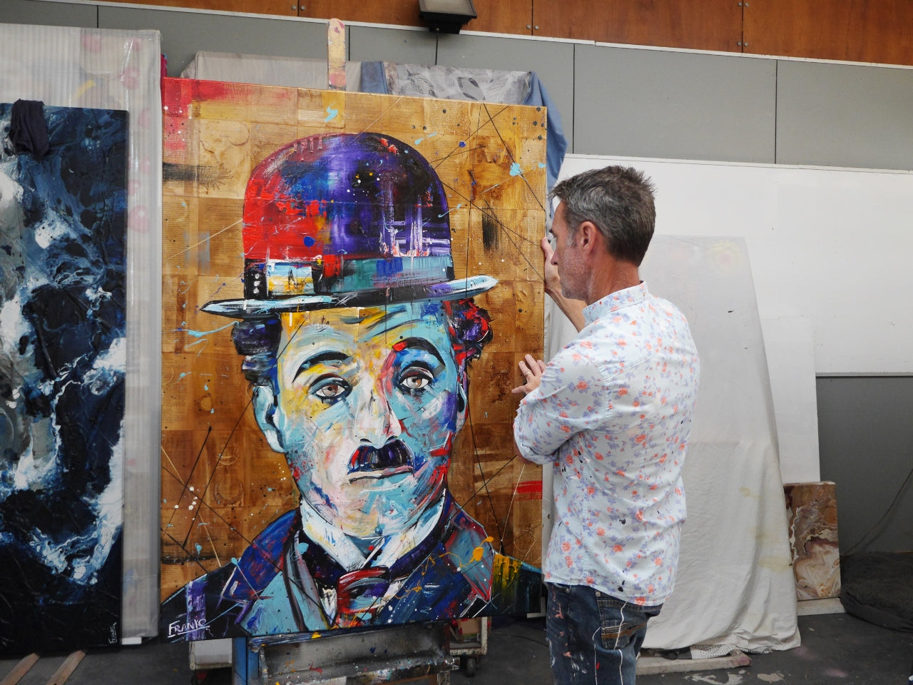 Blue Charlie 140cm x 100cm Charlie Chaplin Abstract Realism Book Club Painting (SOLD)-book club-[Franko_Artist]-[The_Block]-[Dream_Homes]-[ideas]- [Grand_Designs]-Franklin Art Studio