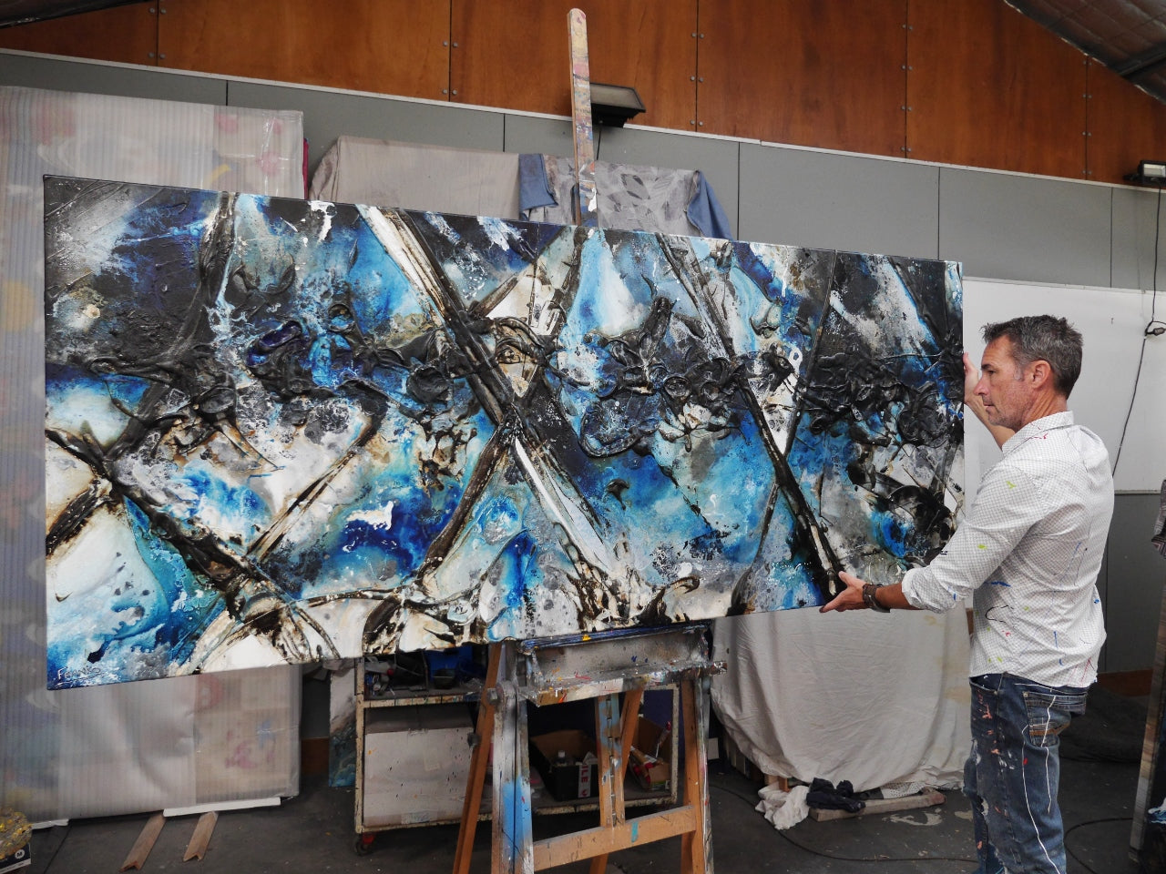 Blue Steel 240cm x 100cm Blue Black White Textured Abstract Painting (SOLD)-Abstract-[Franko_Artist]-[The_Block]-[Dream_Homes]-[ideas]- [Grand_Designs]-Franklin Art Studio