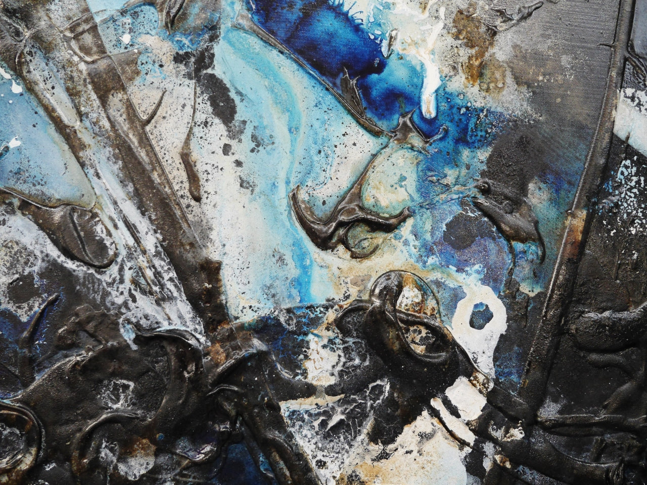 Blue Steel 240cm x 100cm Blue Black White Textured Abstract Painting (SOLD)
