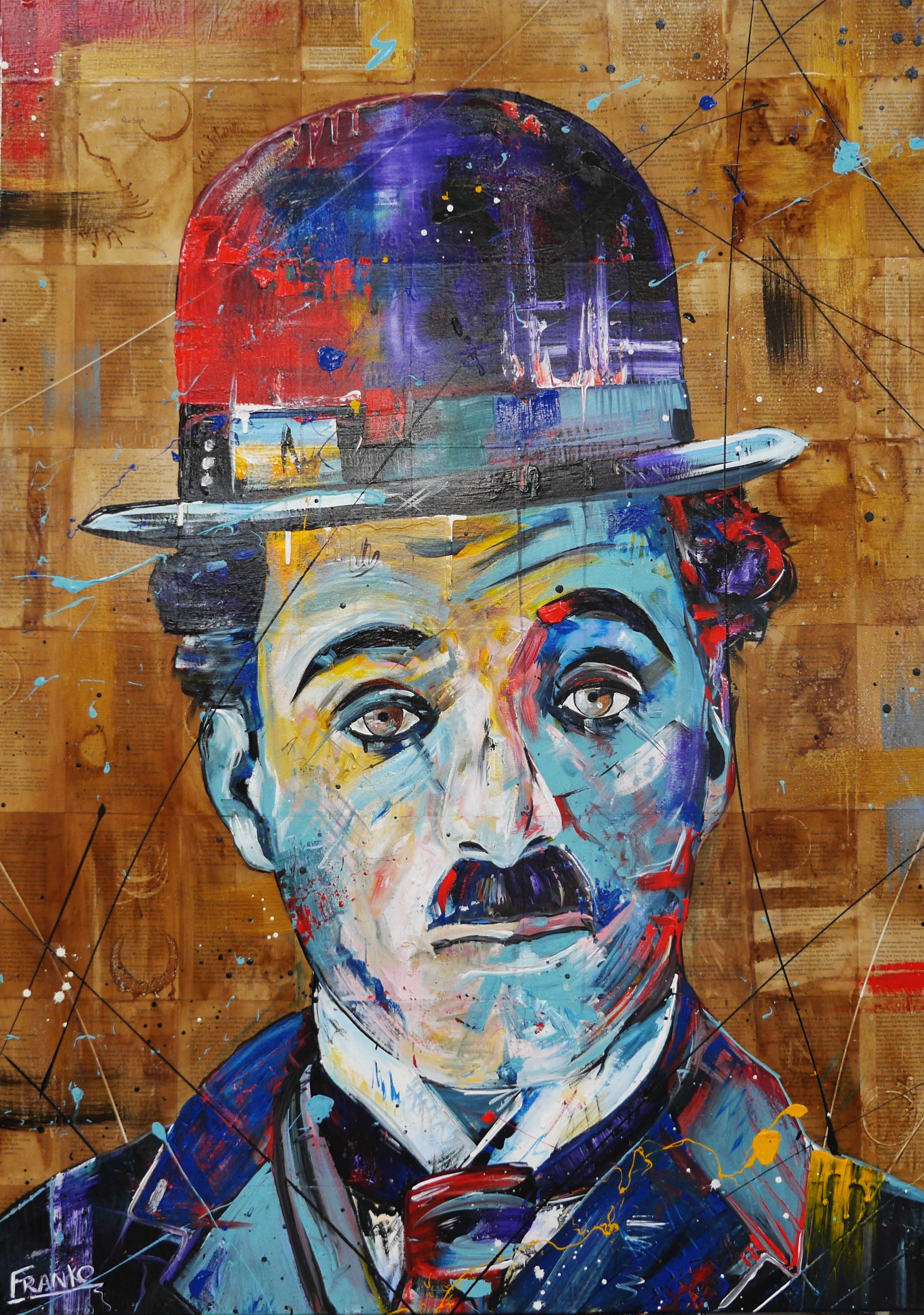 Blue Charlie 140cm x 100cm Charlie Chaplin Abstract Realism Book Club Painting (SOLD)-book club-[Franko_Artist]-[Australian_artist]-[Gold_Coast]-[Brisbane]-[modern]-[contemporary]-[original]-[Large_artwork]-Franklin Art Studio