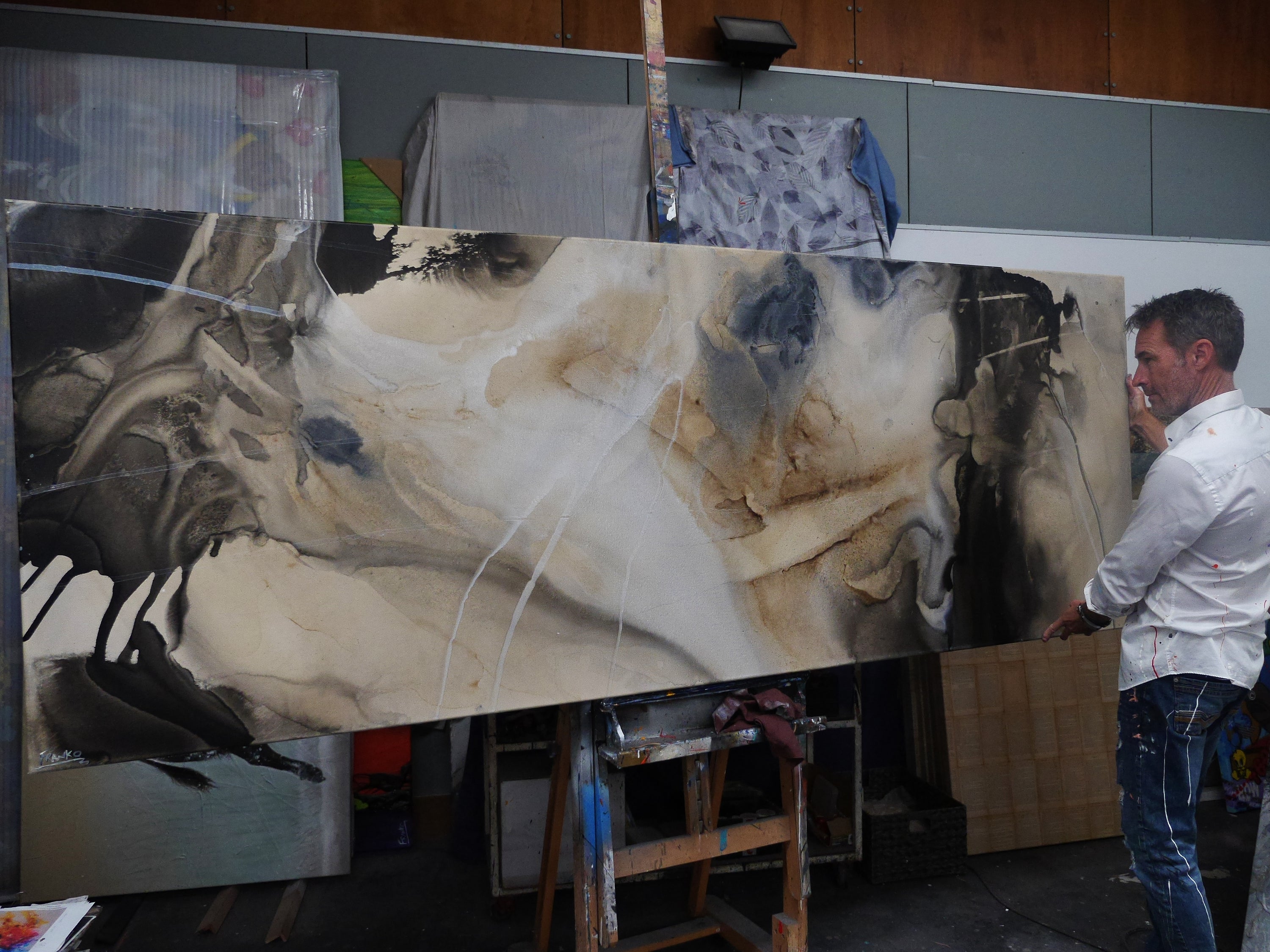 Refined 799 270cm x 100cm Blue Rust White Cream Grey Textured Abstract Painting (SOLD)-Abstract-[Franko_Artist]-[The_Block]-[Dream_Homes]-[ideas]- [Grand_Designs]-Franklin Art Studio
