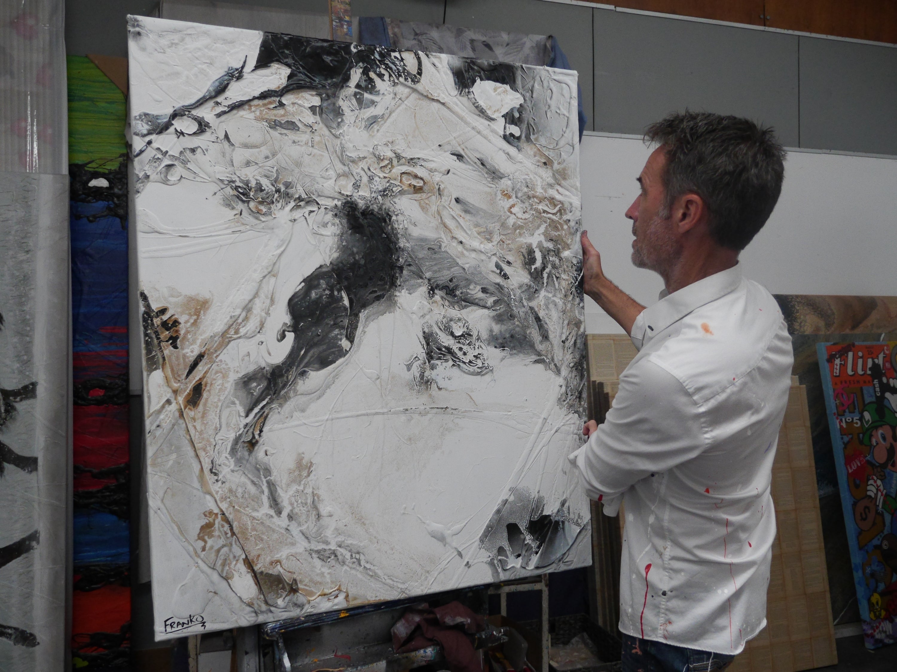 Trigger 120cm x 100cm White Black Rust Minimalist Textured Abstract Painting (SOLD)-Abstract-[Franko_Artist]-[The_Block]-[Dream_Homes]-[ideas]- [Grand_Designs]-Franklin Art Studio