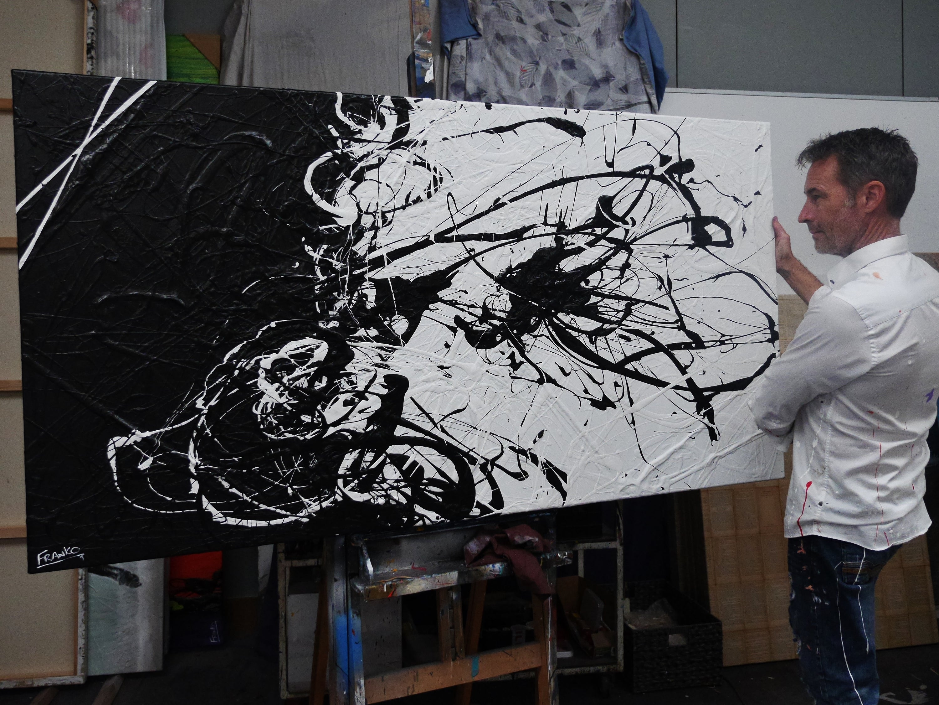 Negative Black 190cm x 100cm Black White Textured Abstract Painting (SOLD)-Abstract-[Franko_Artist]-[The_Block]-[Dream_Homes]-[ideas]- [Grand_Designs]-Franklin Art Studio