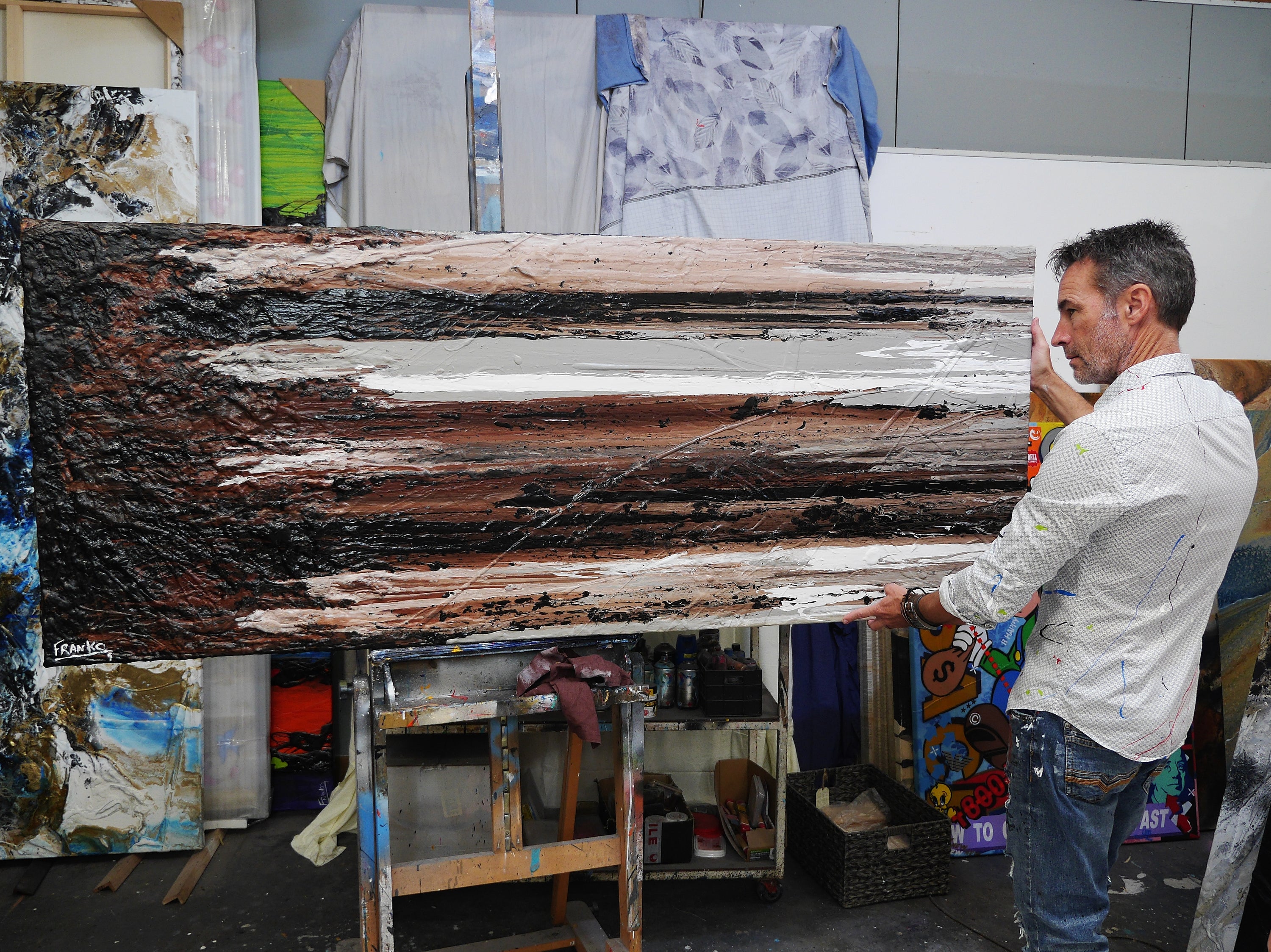 Perfectly Tuned 200cm x 80cm Brown White Black Rust Grey Textured Abstract Painting (SOLD)-Abstract-[Franko_Artist]-[The_Block]-[Dream_Homes]-[ideas]- [Grand_Designs]-Franklin Art Studio