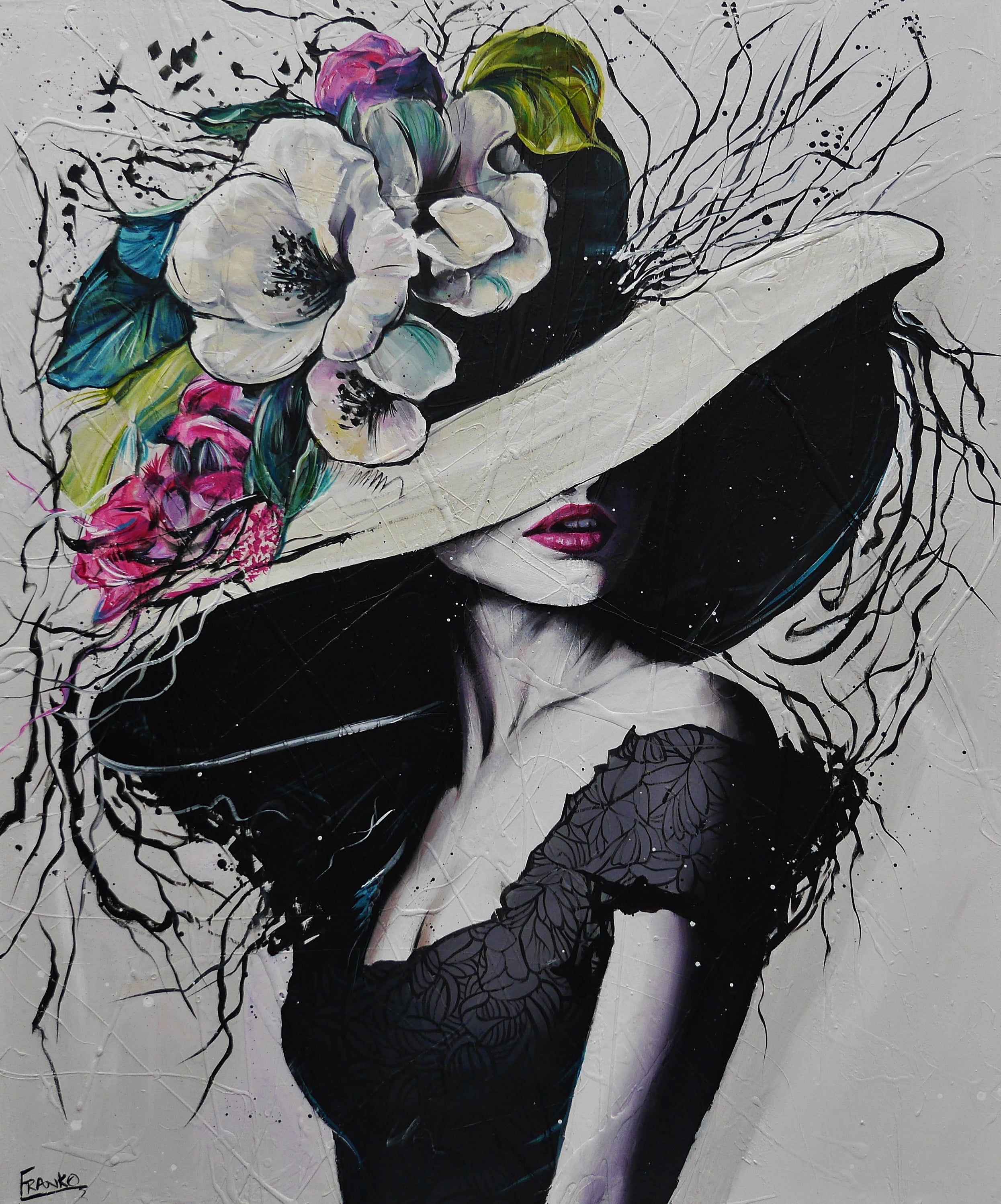 Alexis 120cm x 100cm Flower Hat Abstract Elegance Textured Painting (SOLD)-people-[Franko_Artist]-[Australian_artist]-[Gold_Coast]-[Brisbane]-[modern]-[contemporary]-[original]-[Large_artwork]-Franklin Art Studio