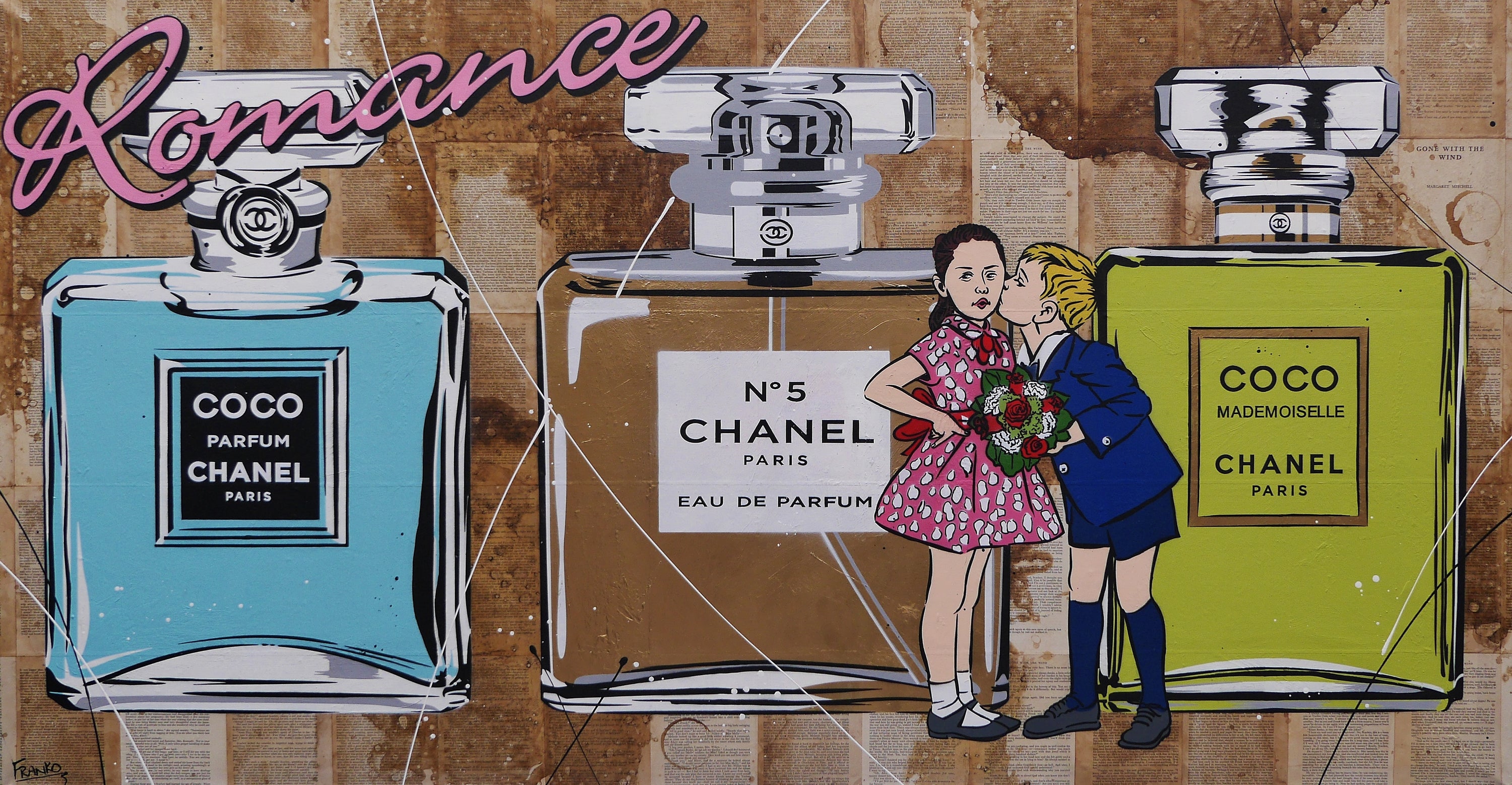 Le Kisses 190cm x 100cm Perfume Bottles Kissing Urban Pop Book Club Painting-book club-[Franko_Artist]-[Australian_artist]-[Gold_Coast]-[Brisbane]-[modern]-[contemporary]-[original]-[Large_artwork]-Franklin Art Studio