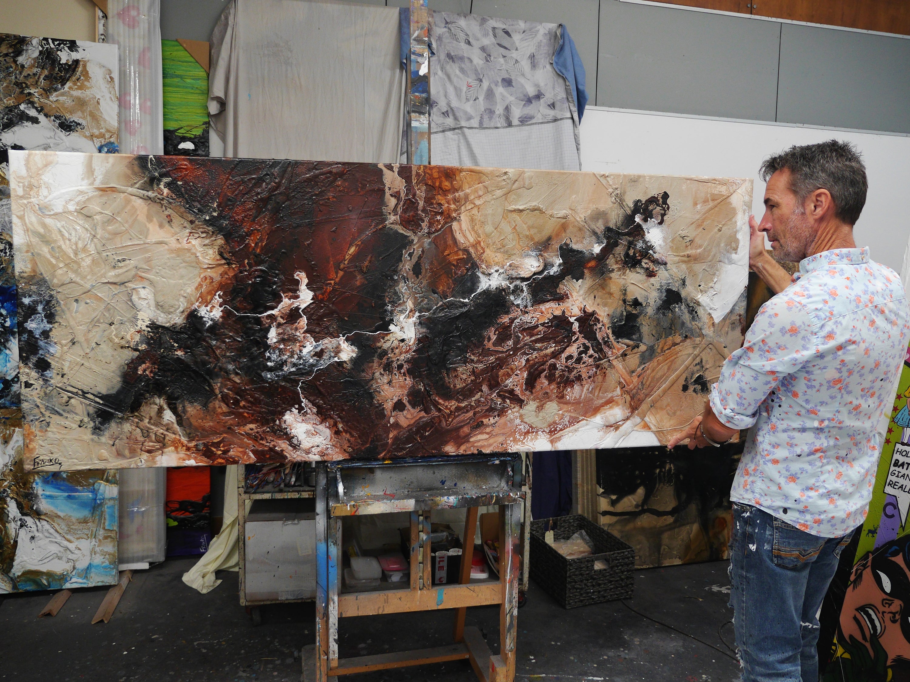 Intervention 200cm x 80cm Umber Brown Grey Bone Black White Textured Abstract Painting (SOLD)-Abstract-[Franko_Artist]-[The_Block]-[Dream_Homes]-[ideas]- [Grand_Designs]-Franklin Art Studio