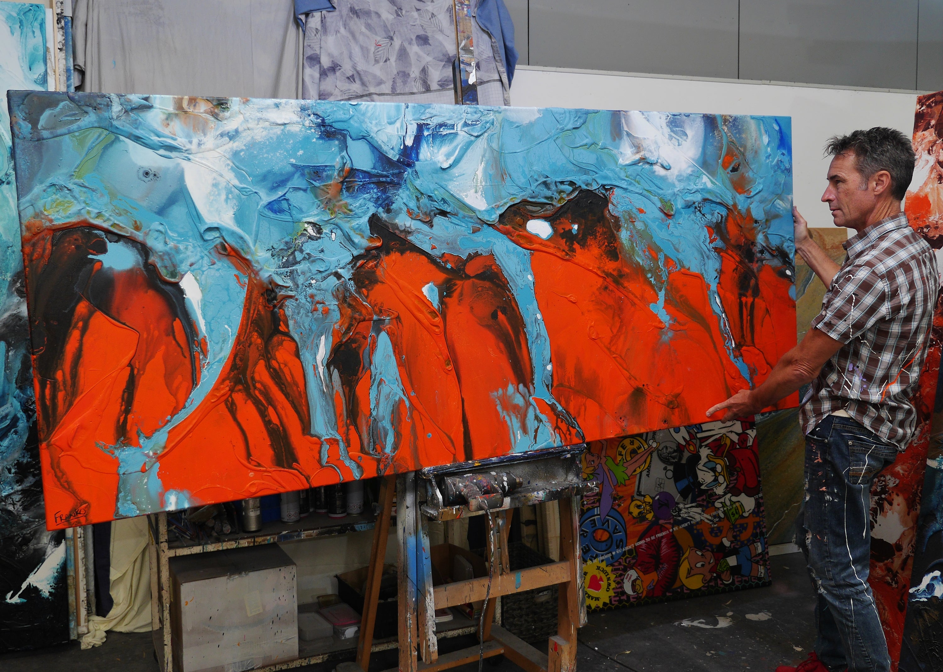 Tangerine Reign 240cm x 100cm Orange Blue Textured Abstract Painting (SOLD)-Abstract-[Franko_Artist]-[The_Block]-[Dream_Homes]-[ideas]-[Grand_Designs]-[Art_Lover]-Franklin Art Studio