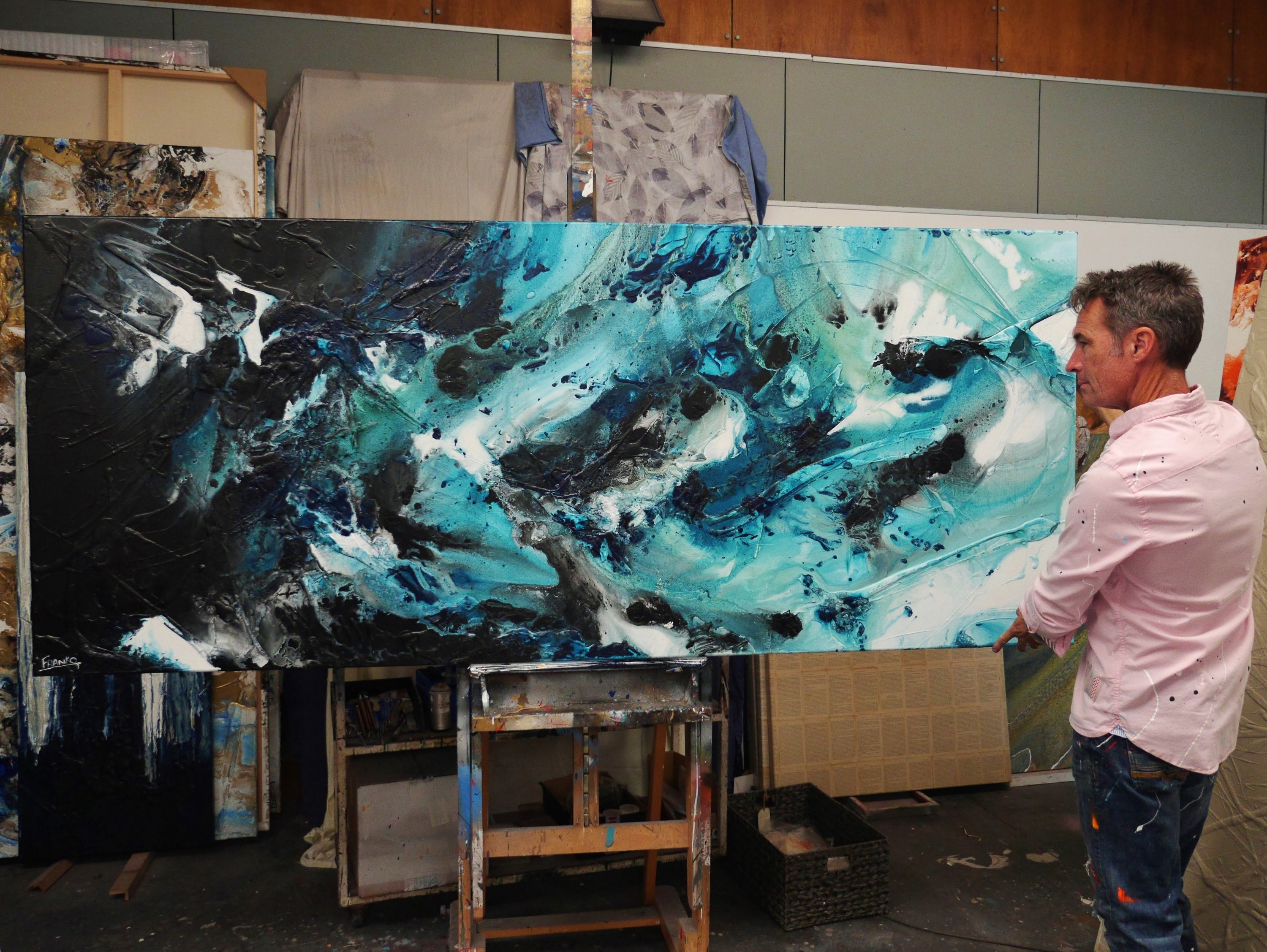 Southern Impact 240cm x 100cm Teal Black Textured Abstract Painting (SOLD)-Abstract-[Franko_Artist]-[The_Block]-[Dream_Homes]-[ideas]- [Grand_Designs]-Franklin Art Studio