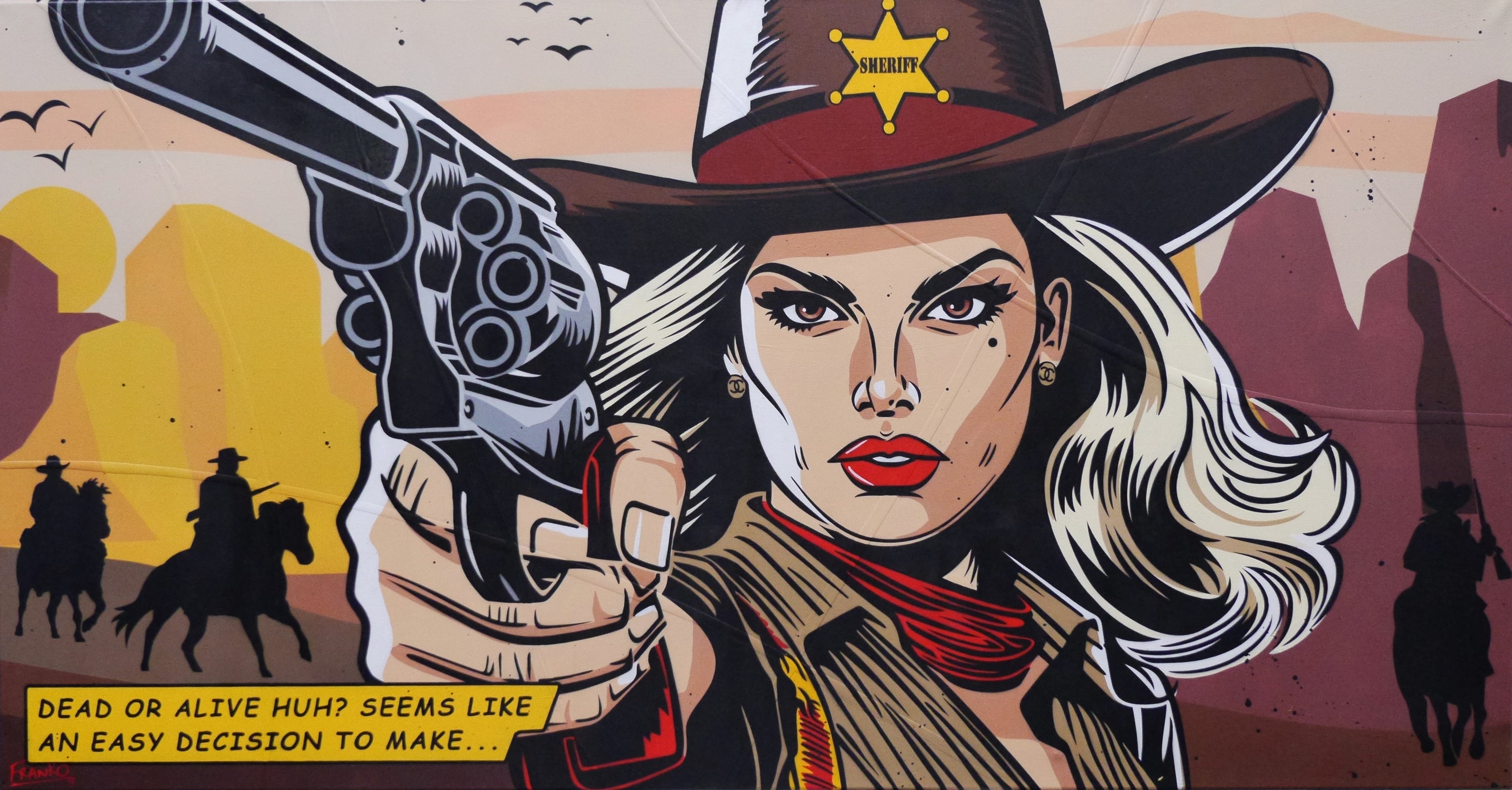 The Sheriff 190cm x 100cm Cowgirl Textured Classic Pop Art Painting (SOLD)-Urban Pop Art-[Franko_Artist]-[Australian_artist]-[Gold_Coast]-[Brisbane]-[modern]-[contemporary]-[original]-[Large_artwork]-Franklin Art Studio