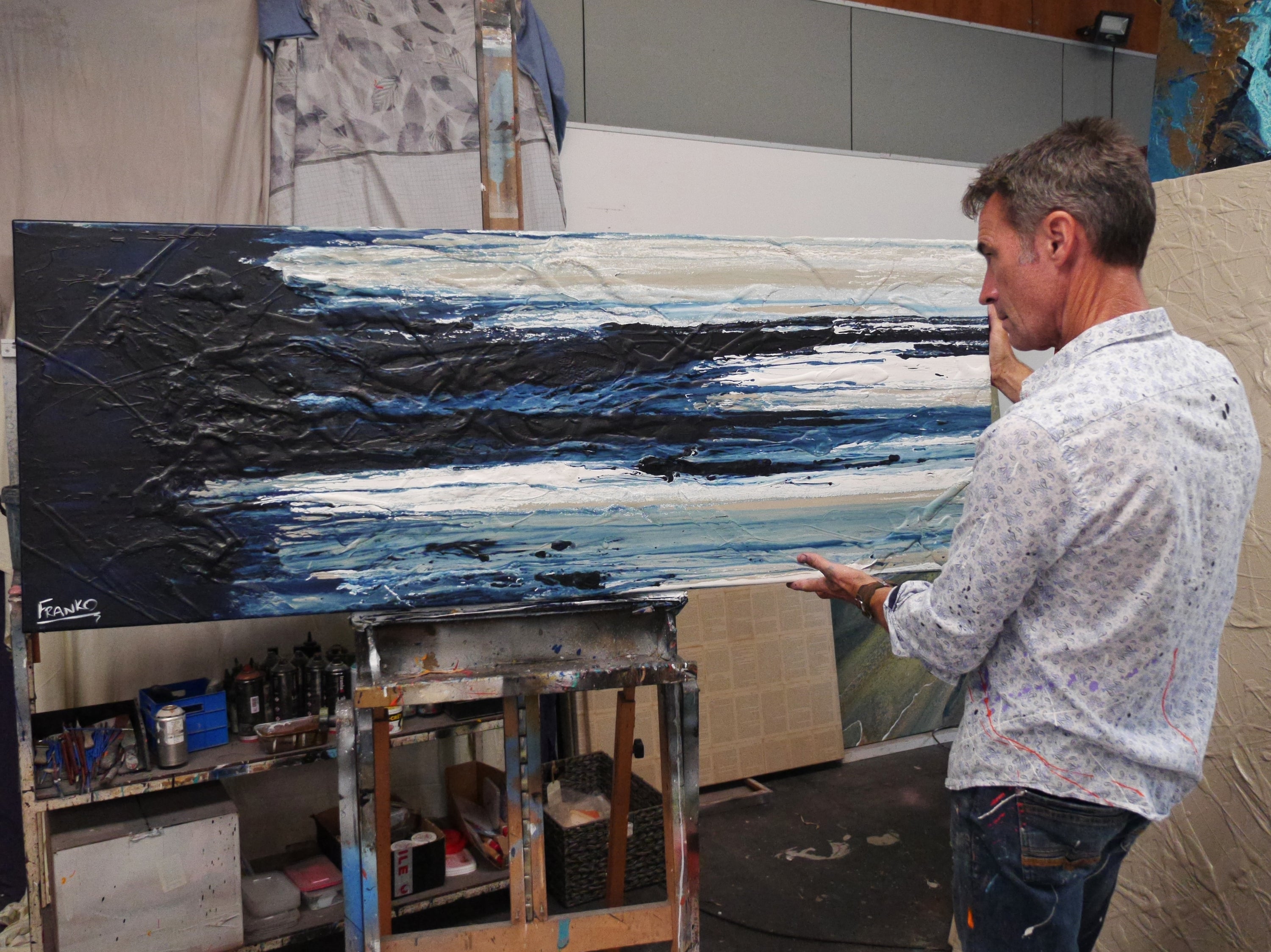 Midnight Mumbo 160cm x 60cm Navy, Blues, Malt, White Textured Abstract Painting (SOLD)-Abstract-[Franko_Artist]-[The_Block]-[Dream_Homes]-[ideas]- [Grand_Designs]-Franklin Art Studio