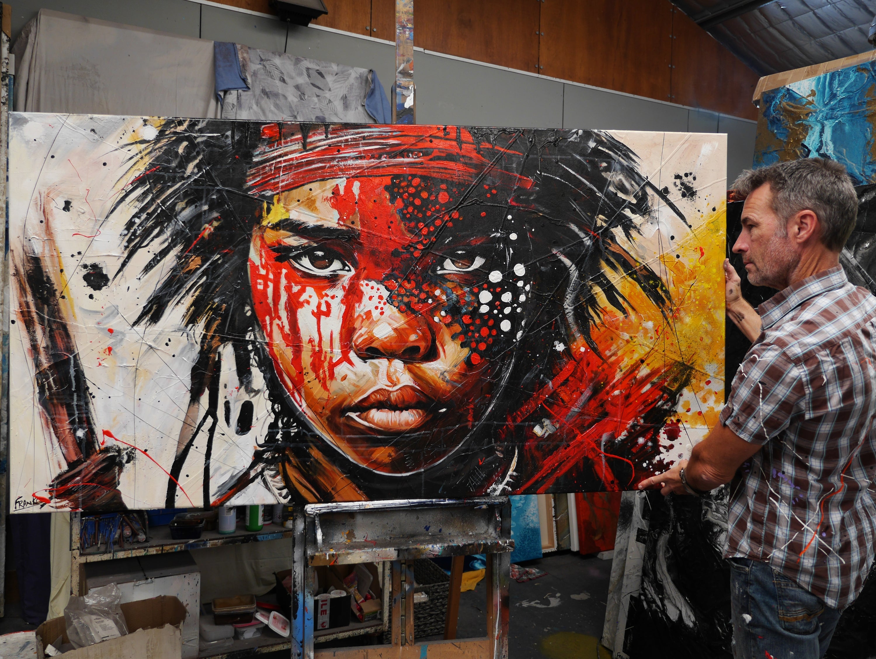 Tribal 190cm x 100cm Brave and Beautiful Abstract Framed Textured Painting (SOLD)-people-[Franko_Artist]-[The_Block]-[Dream_Homes]-[ideas]- [Grand_Designs]-Franklin Art Studio