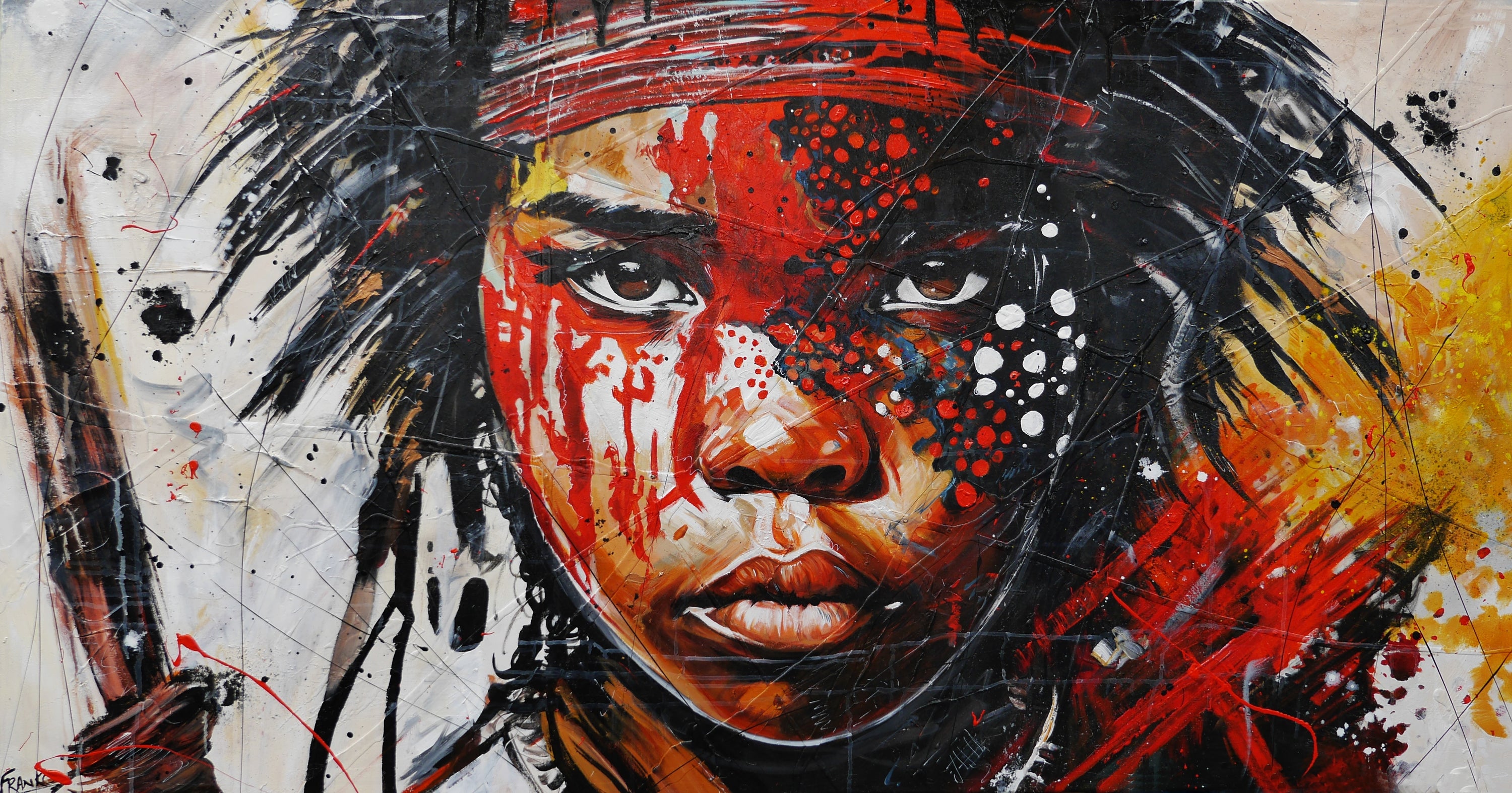 Tribal 190cm x 100cm Brave and Beautiful Abstract Framed Textured Painting (SOLD)-people-[Franko_Artist]-[Australian_artist]-[Gold_Coast]-[Brisbane]-[modern]-[contemporary]-[original]-[Large_artwork]-Franklin Art Studio
