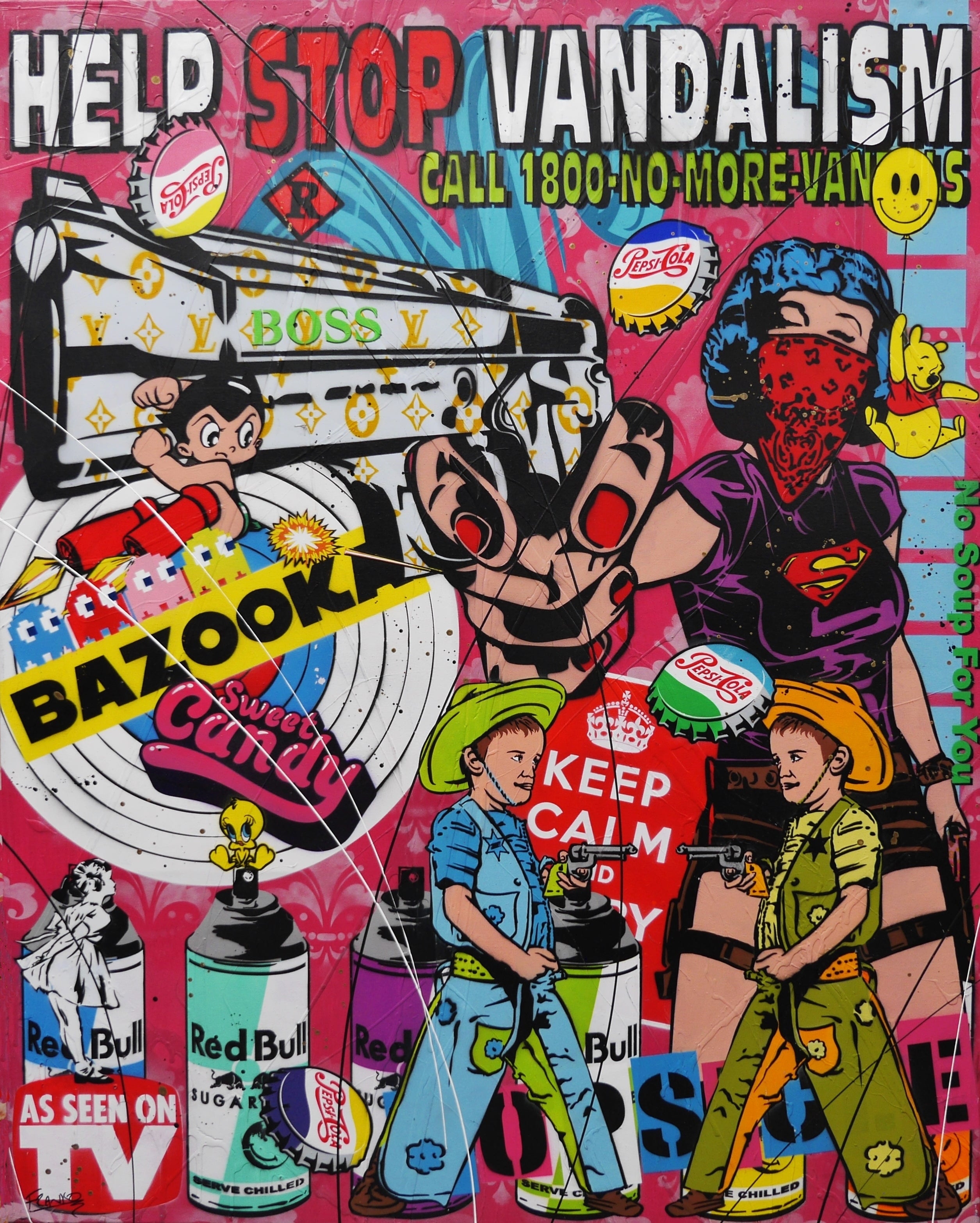 Stick em' up 120cm x 150cm Graffiti Textured Urban Pop Art Painting-Urban Pop Art-[Franko_Artist]-[Australian_artist]-[Gold_Coast]-[Brisbane]-[modern]-[contemporary]-[original]-[Large_artwork]-Franklin Art Studio