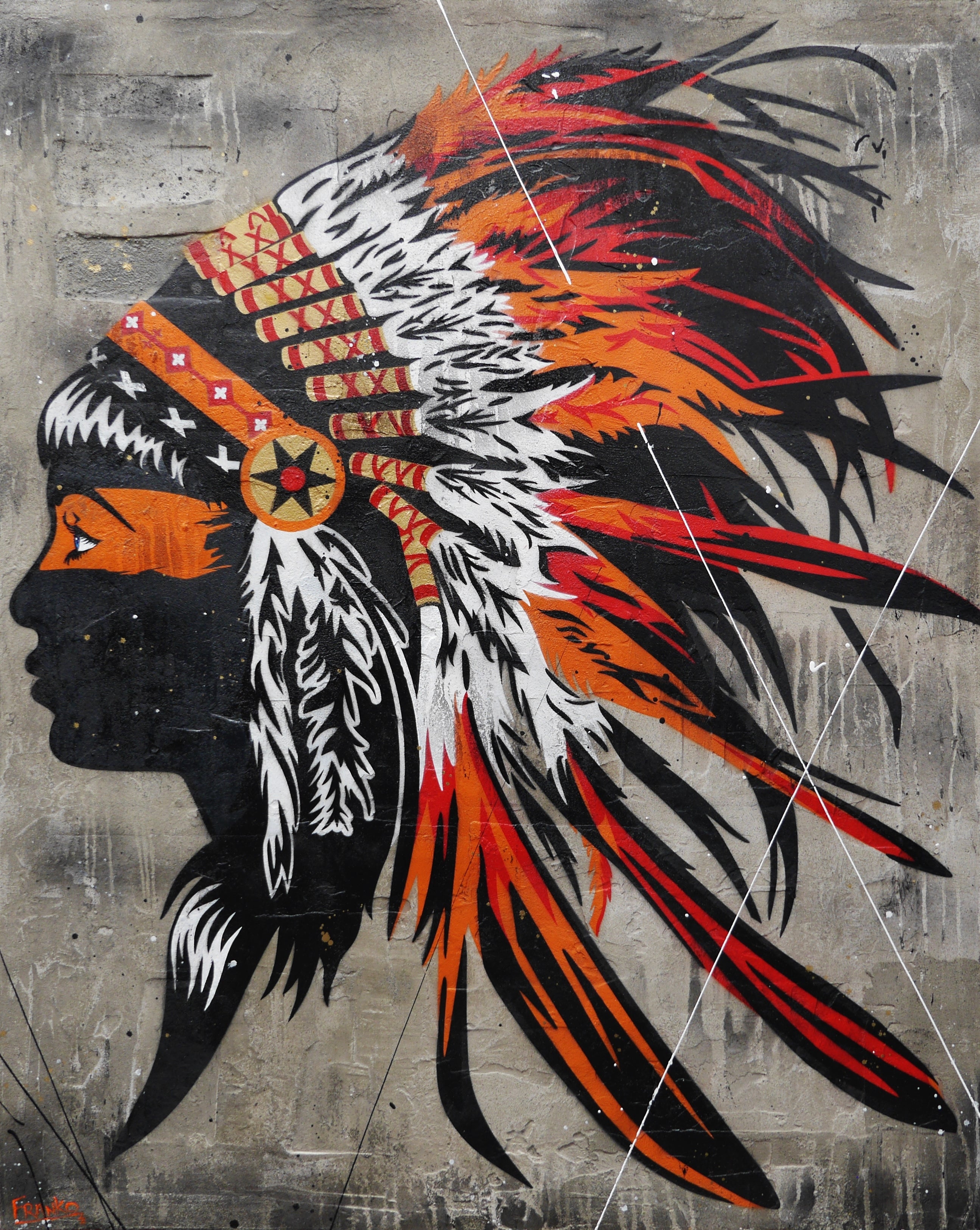 Orange Feathers 120cm x 150cm Indian Headdress Concrete Textured Urban Pop Art Painting-Urban Pop Art-[Franko_Artist]-[Australian_artist]-[Gold_Coast]-[Brisbane]-[modern]-[contemporary]-[original]-[Large_artwork]-Franklin Art Studio