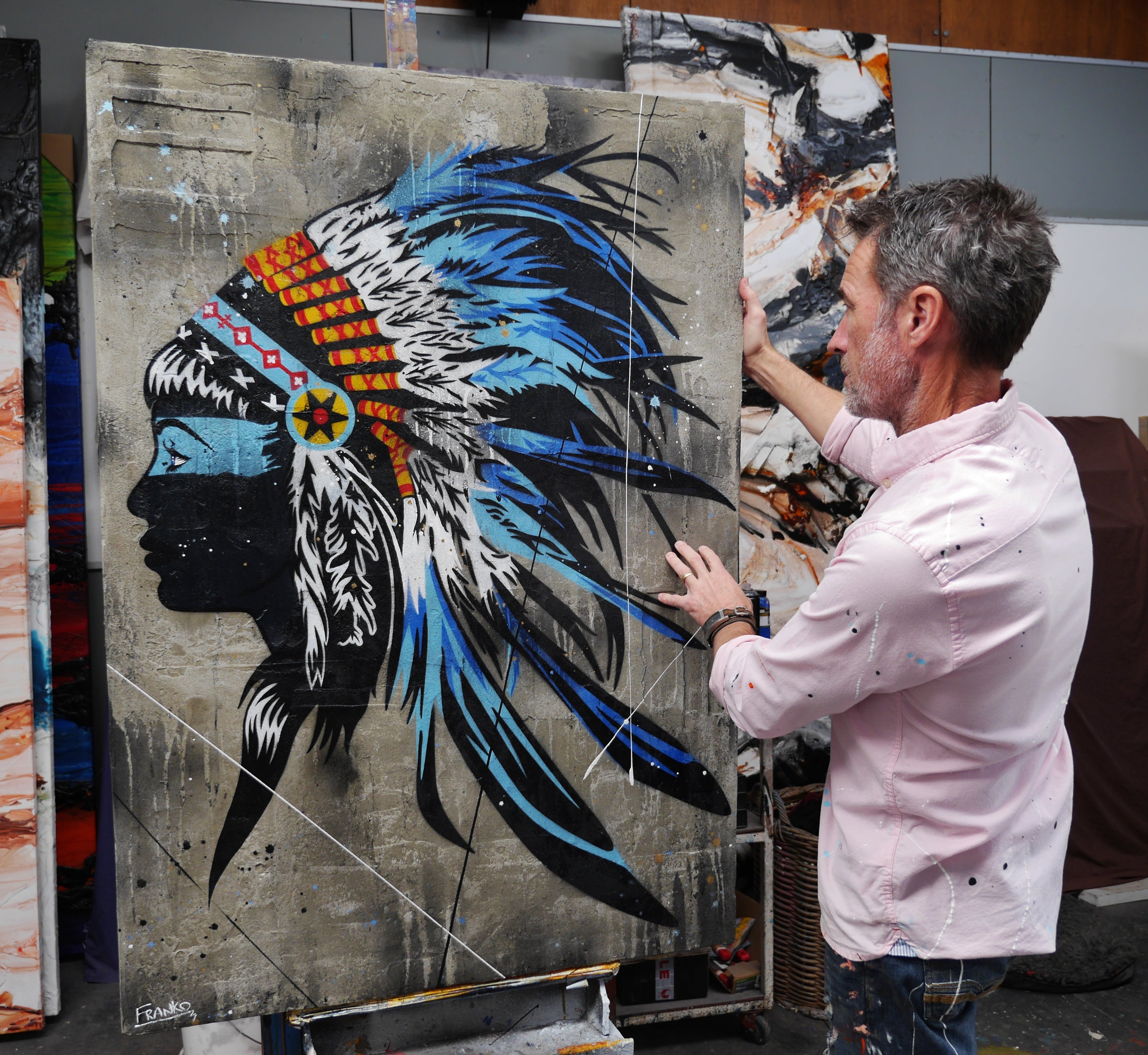 Blue Feathers 100cm x 140cm Indian Headdress Concrete Textured Urban Pop Art Painting (SOLD)-Urban Pop Art-[Franko_Artist]-[The_Block]-[Dream_Homes]-[ideas]- [Grand_Designs]-Franklin Art Studio