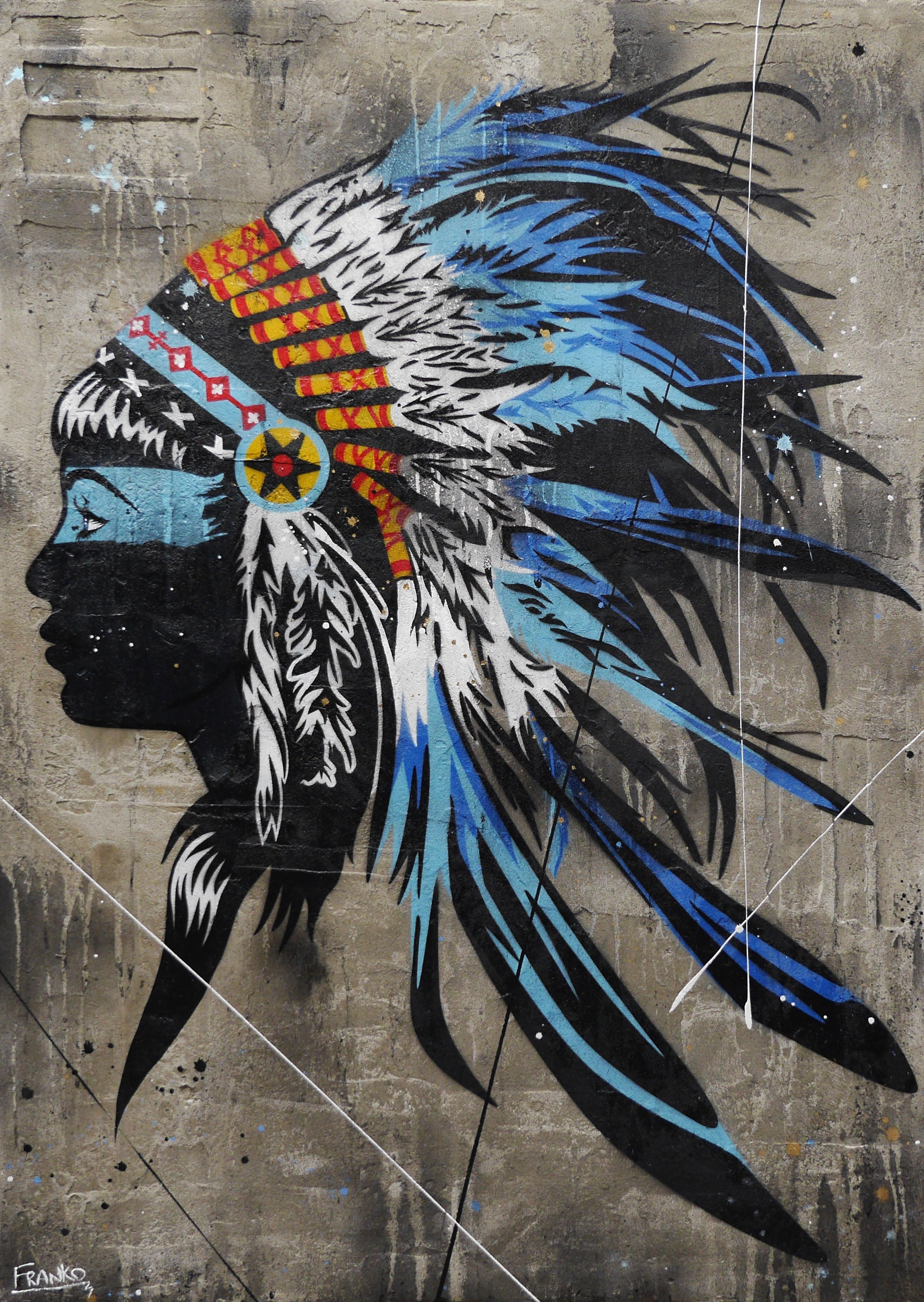 Blue Feathers 100cm x 140cm Indian Headdress Concrete Textured Urban Pop Art Painting (SOLD)-Urban Pop Art-[Franko_Artist]-[Australian_artist]-[Gold_Coast]-[Brisbane]-[modern]-[contemporary]-[original]-[Large_artwork]-Franklin Art Studio