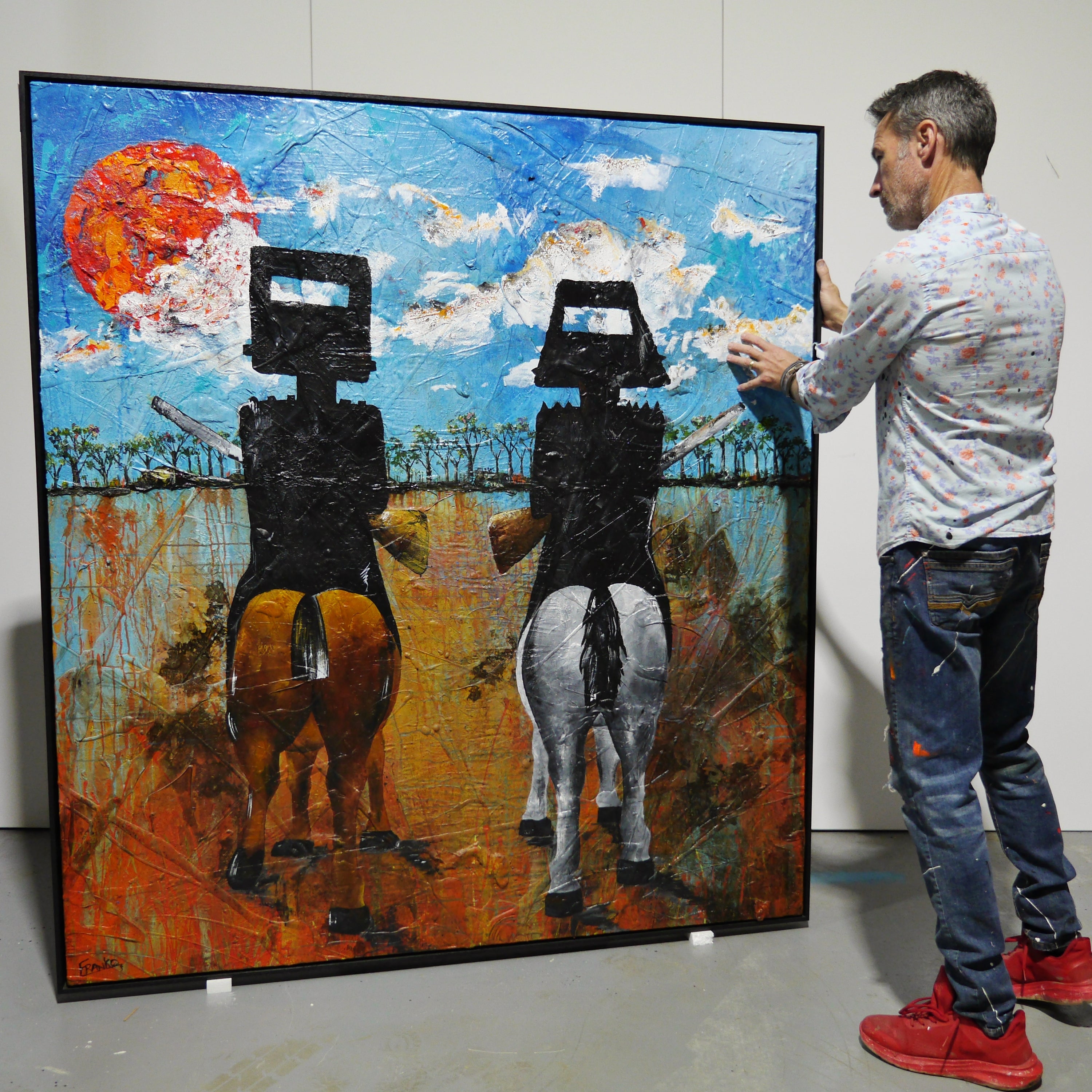 Brothers In Arms 163cm x 180cm Ned Kelly Abstract Realism Texture Painting with Black Frame (SOLD)-Abstract-[Franko_Artist]-[The_Block]-[Dream_Homes]-[ideas]- [Grand_Designs]-Franklin Art Studio