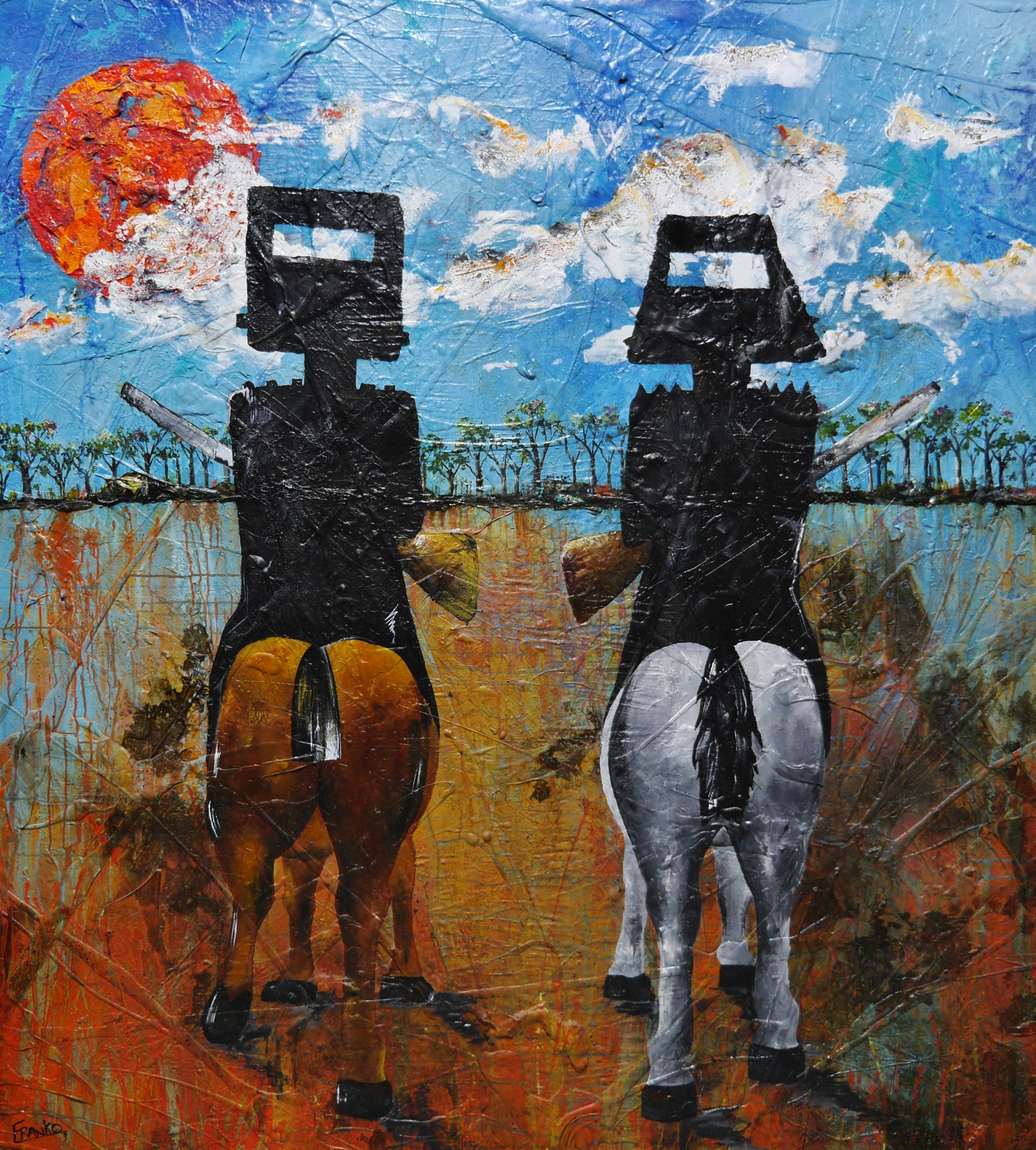 Brothers In Arms 163cm x 180cm Ned Kelly Abstract Realism Texture Painting with Black Frame (SOLD)-Abstract-[Franko_Artist]-[Australian_artist]-[Gold_Coast]-[Brisbane]-[modern]-[contemporary]-[original]-[Large_artwork]-Franklin Art Studio