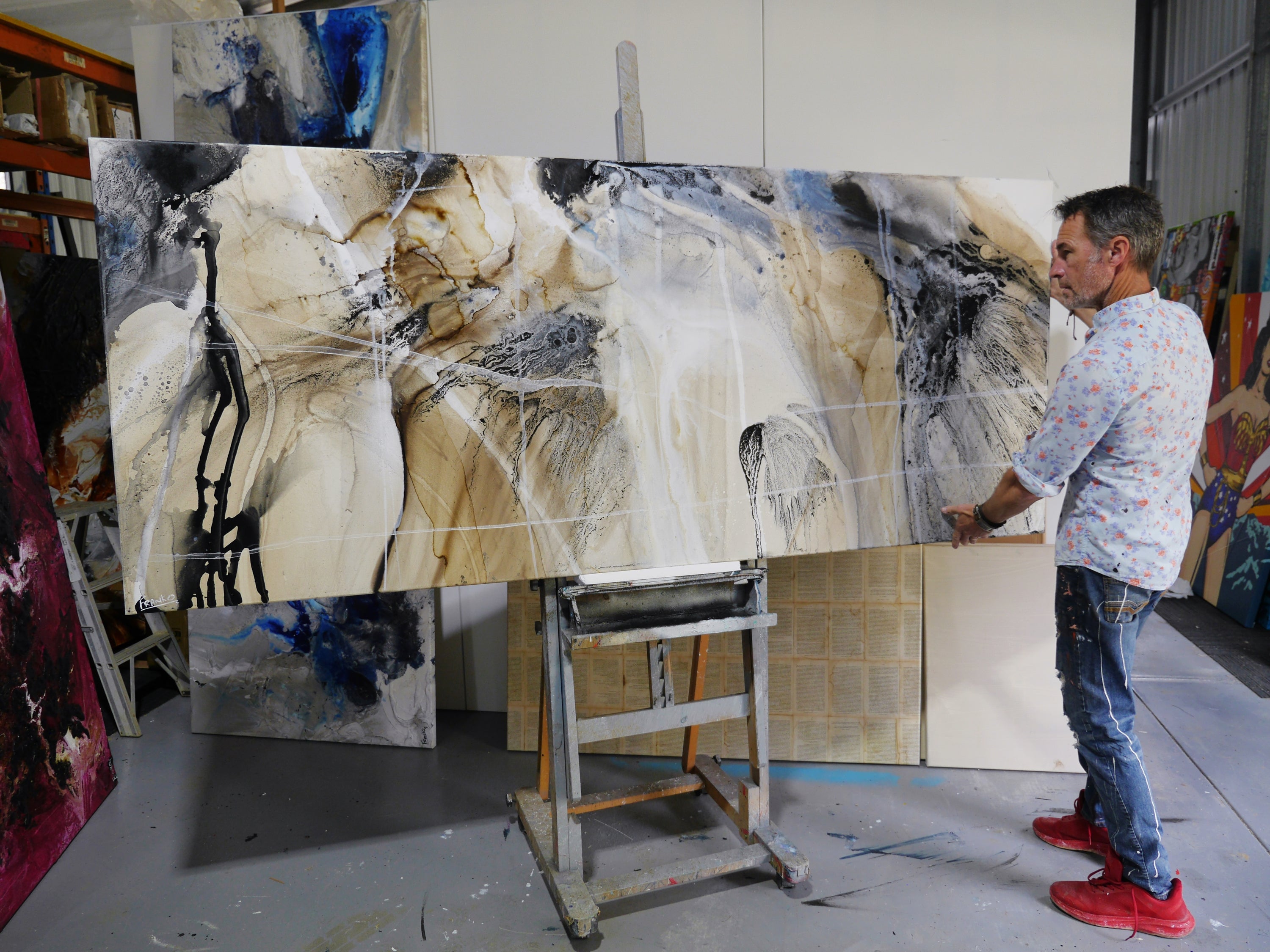 Refined 672 240cm x 100cm Blue Rust Cream White Blended Abstract Painting (SOLD)-Abstract-[Franko_Artist]-[The_Block]-[Dream_Homes]-[ideas]- [Grand_Designs]-Franklin Art Studio