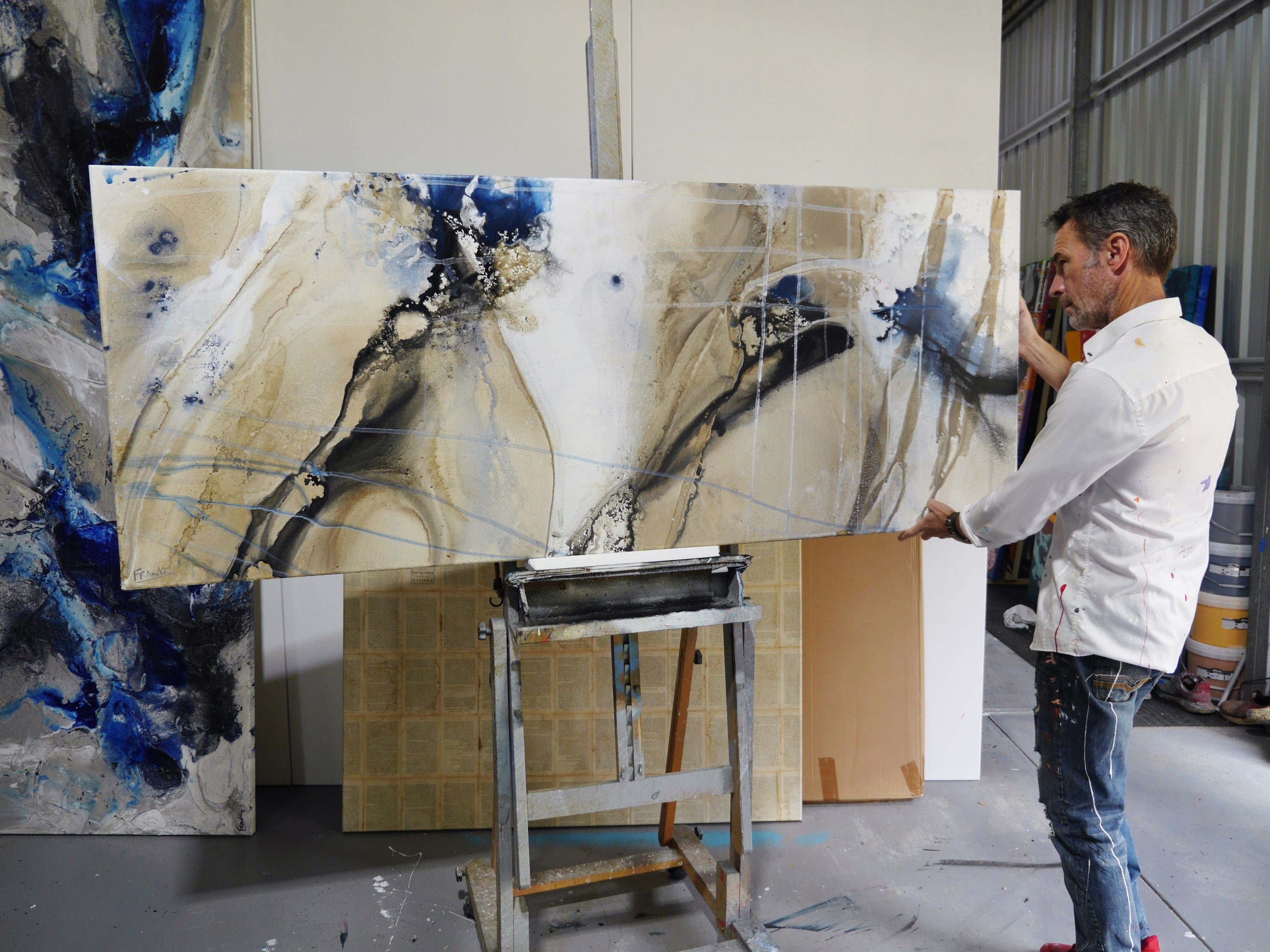Refined 208 200cm x 80cm Blue Rust Cream White Blended Abstract Painting (SOLD)-Abstract-[Franko_Artist]-[The_Block]-[Dream_Homes]-[ideas]- [Grand_Designs]-Franklin Art Studio