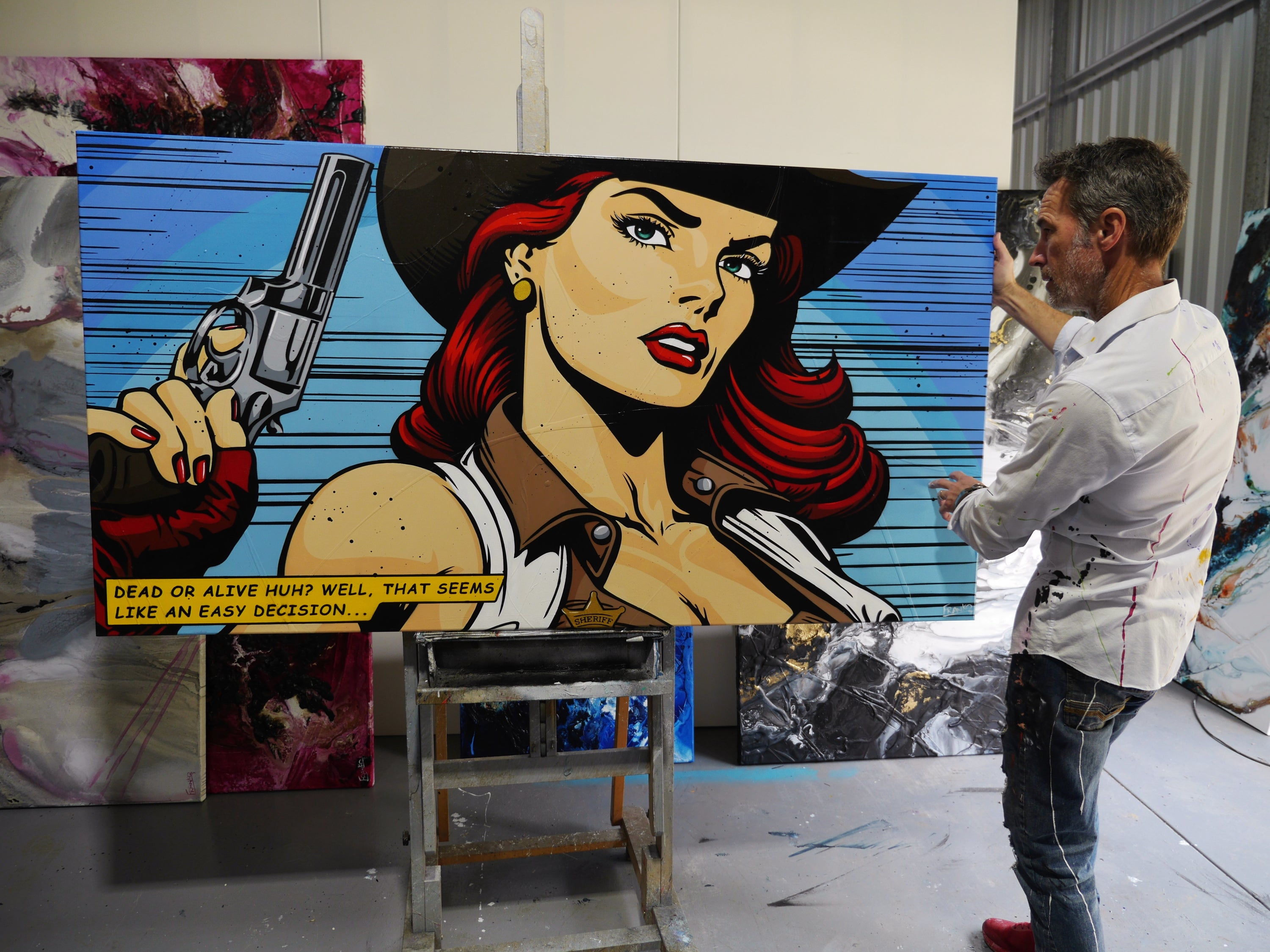 Cowgirls and Guns 190cm x 100cm Classic Pop Art Painting (SOLD)-Urban Pop Art-[Franko_Artist]-[The_Block]-[Dream_Homes]-[ideas]- [Grand_Designs]-Franklin Art Studio