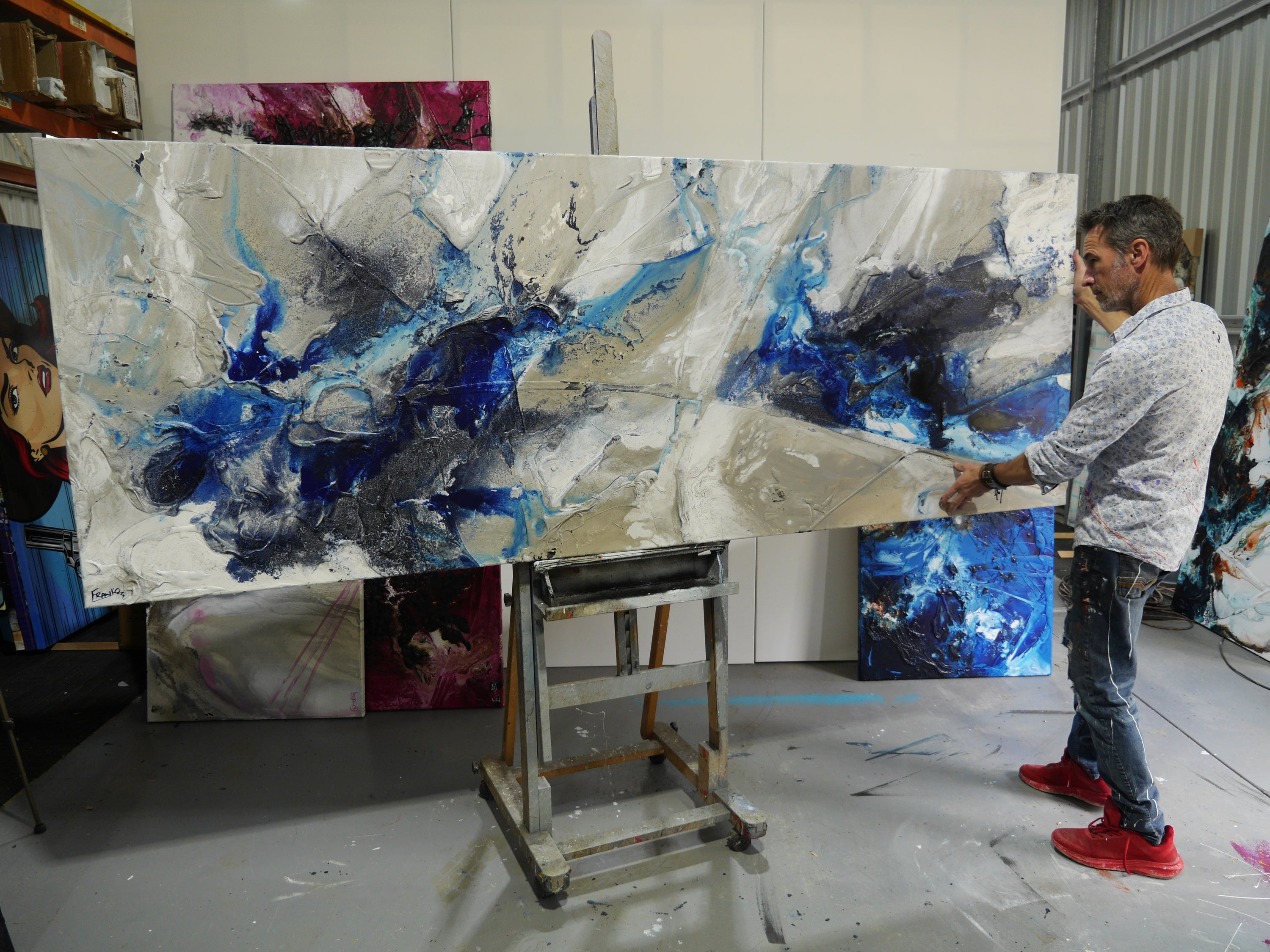 Near Midnight 295cm x 100cm Midnight Blue Malt Grey Textured Abstract Painting (SOLD)-Abstract-[Franko_Artist]-[The_Block]-[Dream_Homes]-[ideas]- [Grand_Designs]-Franklin Art Studio