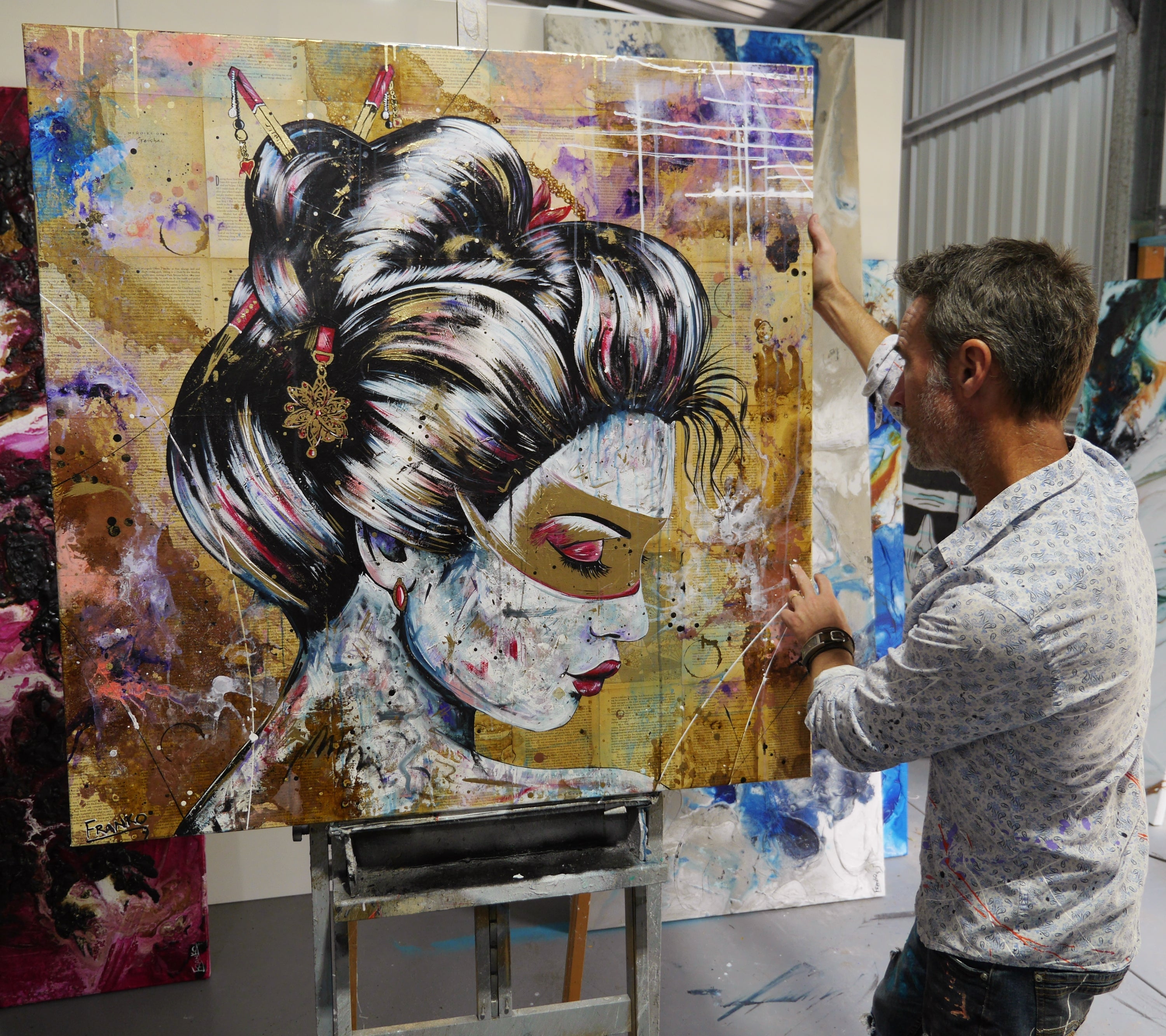 Heiwa 120cm x 120cm Geisha Abstract Realism Book Club Painting (SOLD)-book club-[Franko_Artist]-[The_Block]-[Dream_Homes]-[ideas]- [Grand_Designs]-Franklin Art Studio