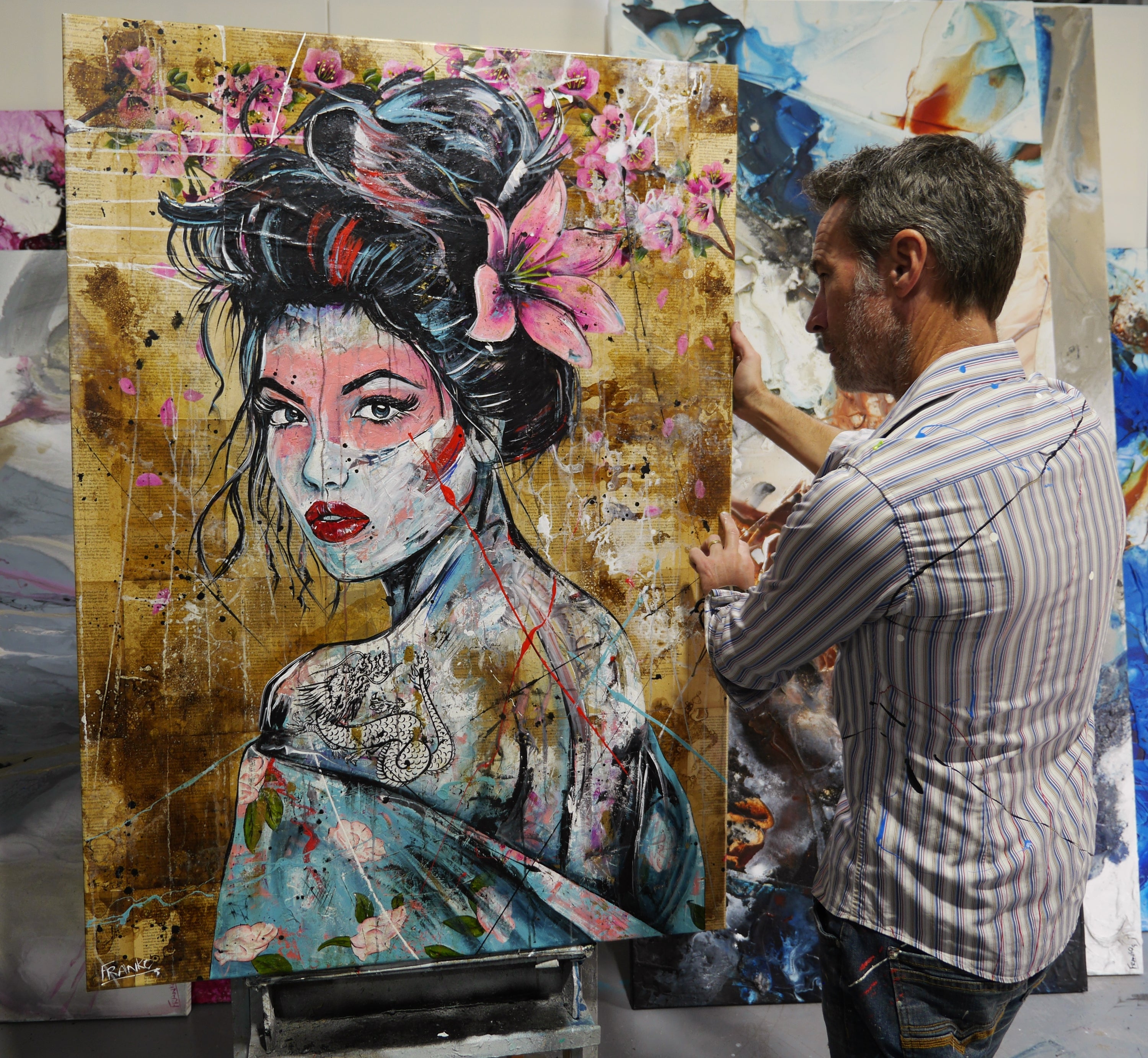 Katakana 140cm x 100cm Geisha Abstract Realism Book Club Painting (SOLD)-book club-[Franko_Artist]-[The_Block]-[Dream_Homes]-[ideas]-[Grand_Designs]-[Art_Lover]-Franklin Art Studio