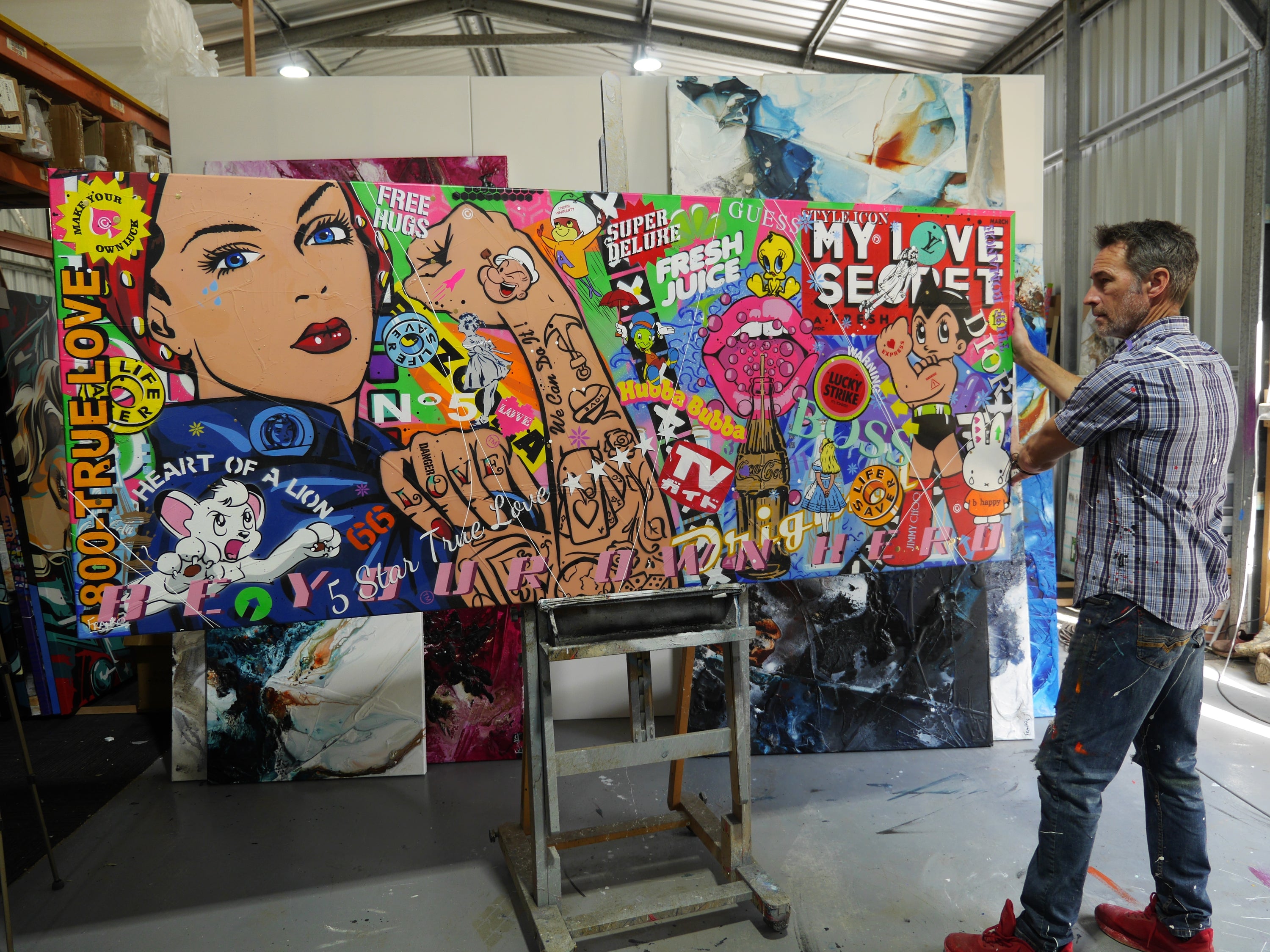 Rosie Can ... 240cm x 100cm Rosie the Riveter Textured Urban Pop Art Painting (SOLD)-Urban Pop Art-[Franko_Artist]-[The_Block]-[Dream_Homes]-[ideas]- [Grand_Designs]-Franklin Art Studio