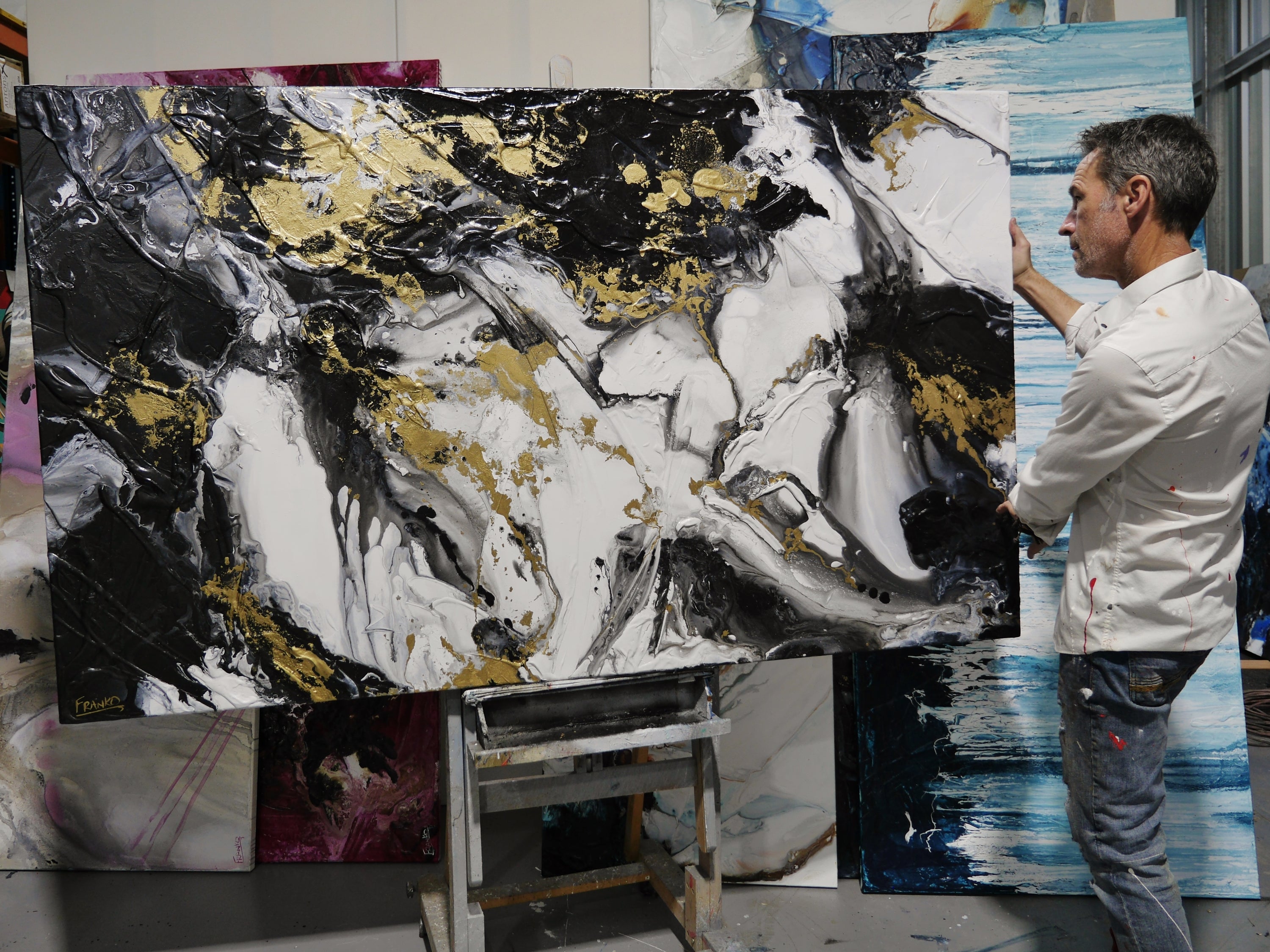 Chasing Bullion 200cm x 120cm Black White Metallic Gold Textured Abstract Painting-Abstract-[Franko]-[Australian]-[Popular]-[Best Selling]-Franklin Art Studio