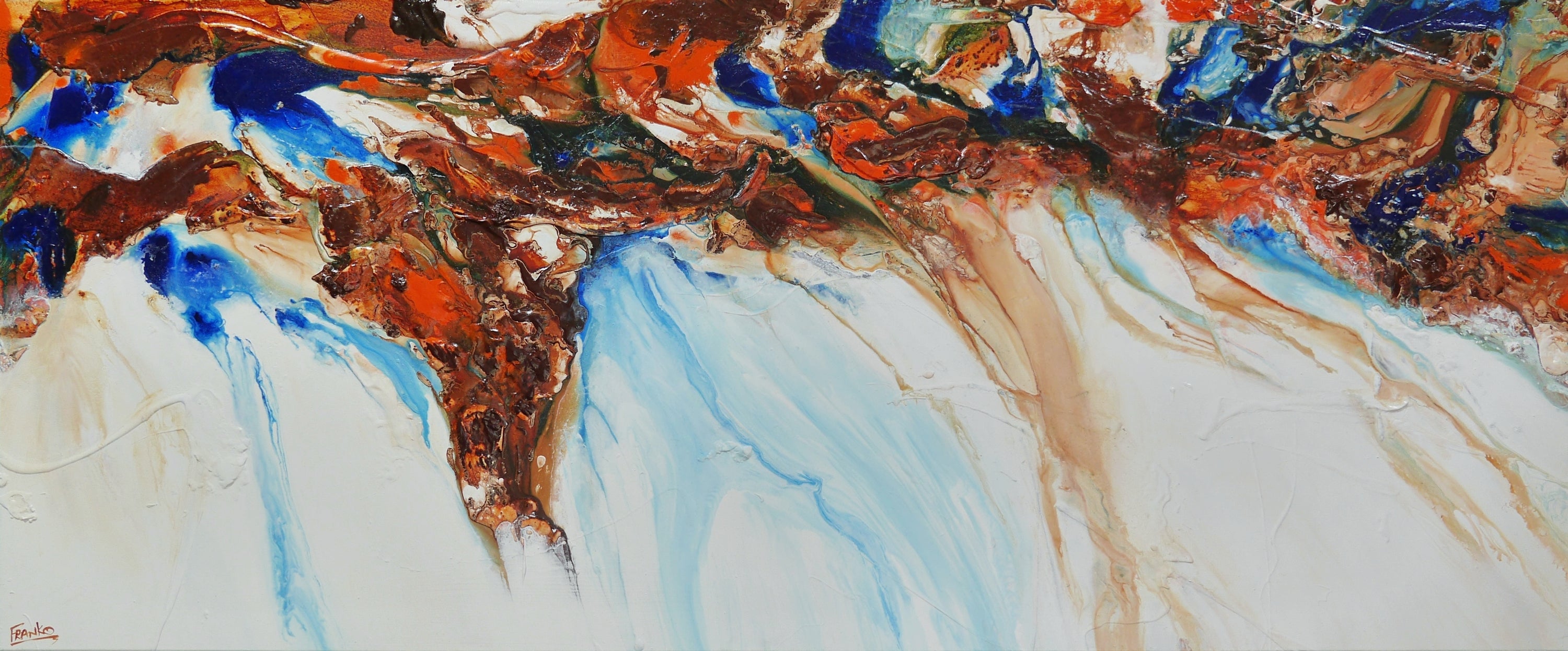 Sapphire Blue Coast 240cm x 100cm White Blue Ochre Textured Abstract Painting (SOLD)-Abstract-[Franko_Artist]-[Australian_artist]-[Gold_Coast]-[Brisbane]-[modern]-[contemporary]-[original]-[Large_artwork]-Franklin Art Studio