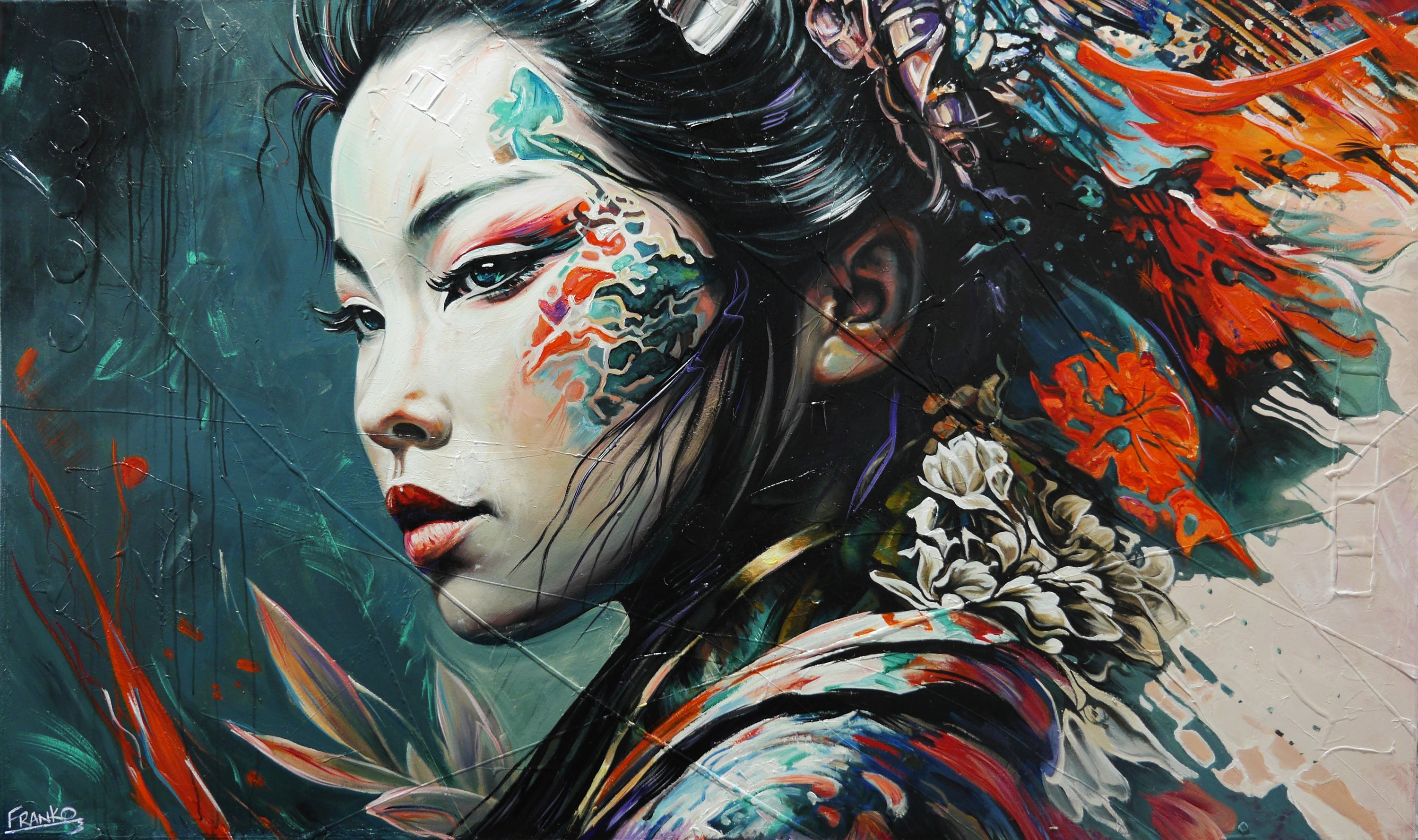 Amane 200cm x 120cm FRAMED IN OAK Warrior Abstract Realism Art Acrylic Textured Glossed (SOLD)-Abstract-[Franko_Artist]-[Australian_artist]-[Gold_Coast]-[Brisbane]-[modern]-[contemporary]-[original]-[Large_artwork]-Franklin Art Studio