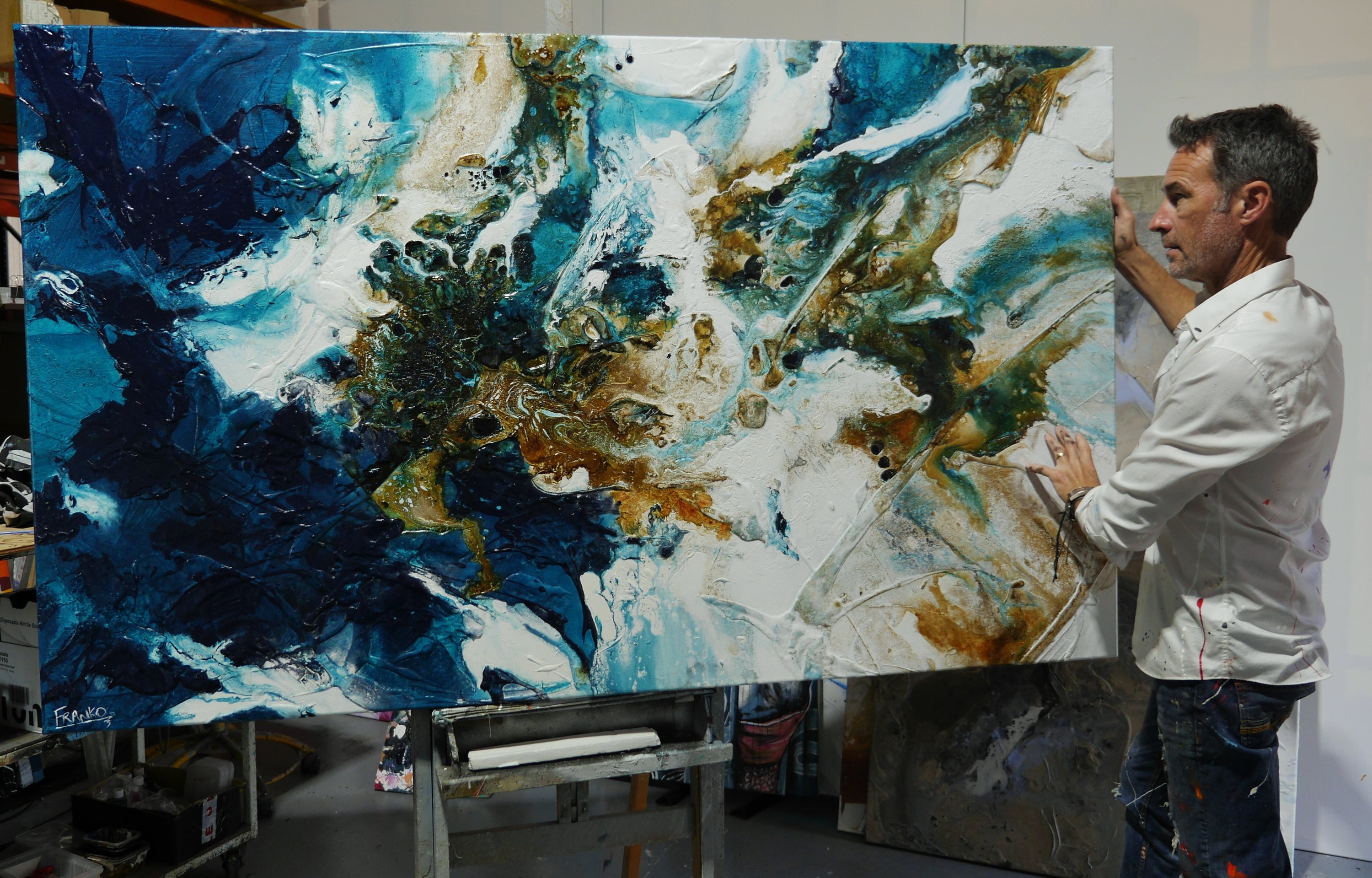 Rusted Teal Sugar Blue Rust White Textured Abstract Painting (SOLD)-Abstract-[Franko_Artist]-[The_Block]-[Dream_Homes]-[ideas]- [Grand_Designs]-Franklin Art Studio