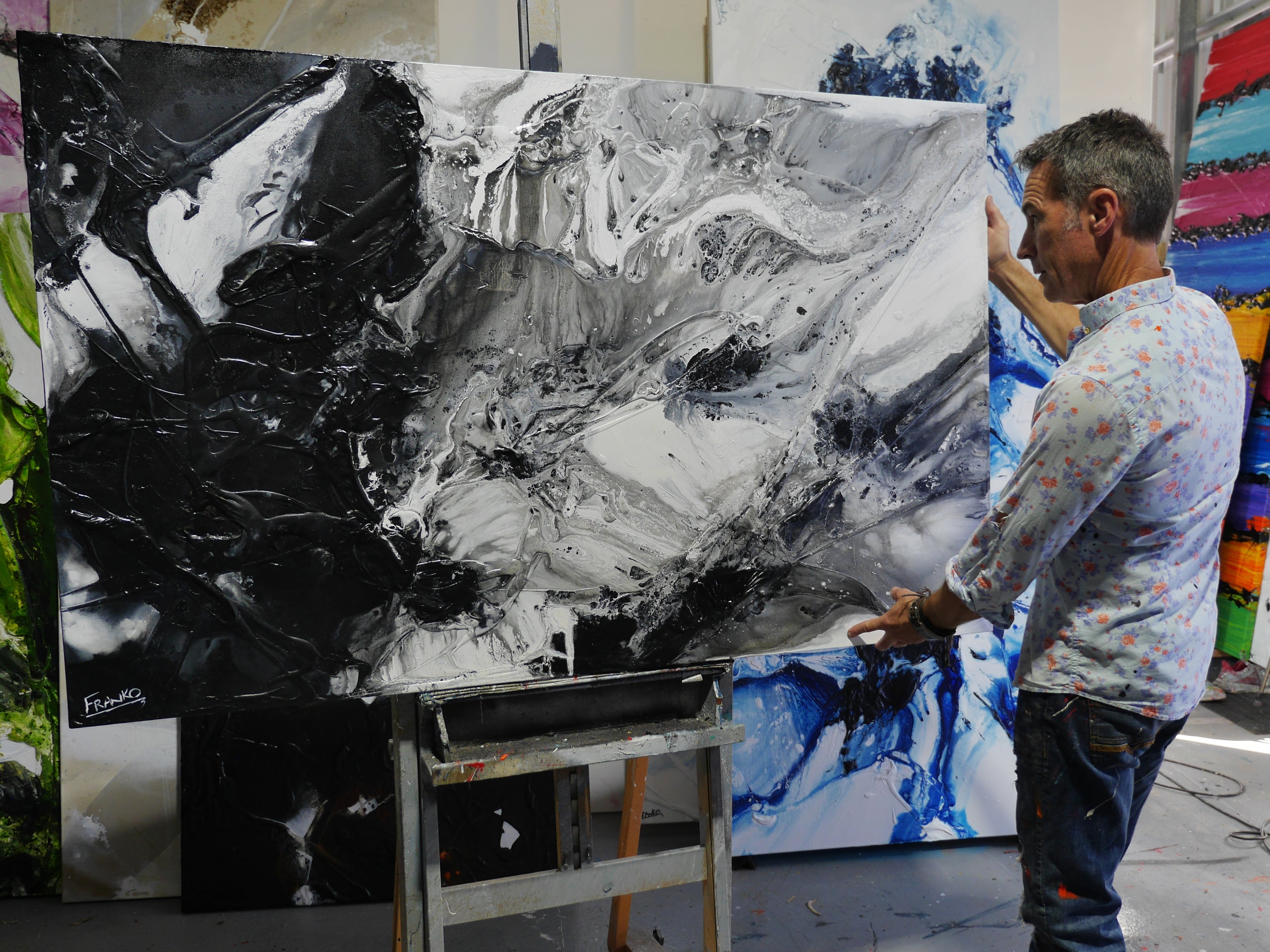 Black Universe 160cm x 100cm Black Grey White Textured Abstract Painting (SOLD)-Abstract-[Franko_Artist]-[The_Block]-[Dream_Homes]-[ideas]- [Grand_Designs]-Franklin Art Studio