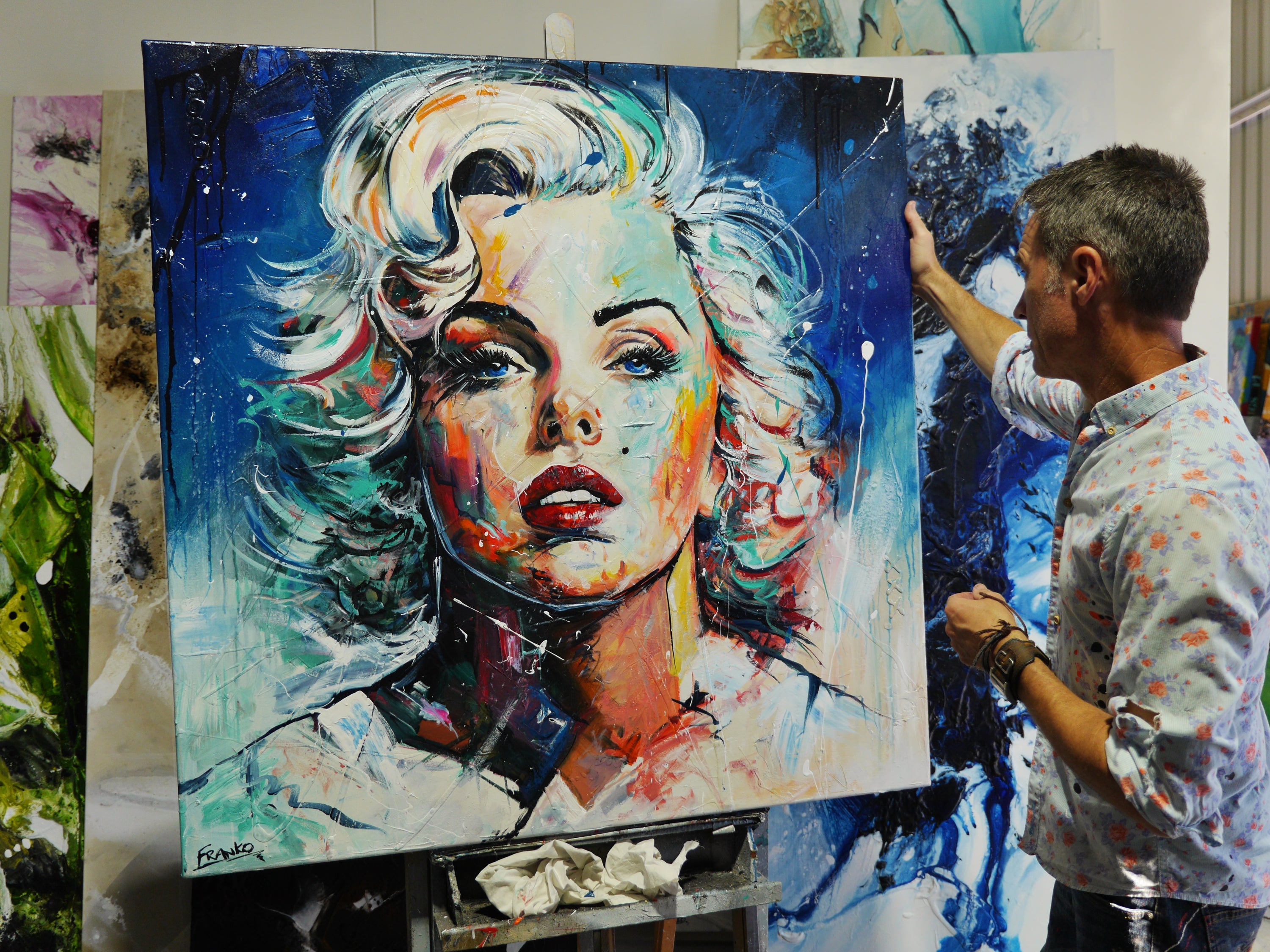 Teal Blond 120cm x 120cm Marilyn Munroe Textured Abstract Realism Painting (SOLD)-abstract realism-[Franko_Artist]-[The_Block]-[Dream_Homes]-[ideas]- [Grand_Designs]-Franklin Art Studio