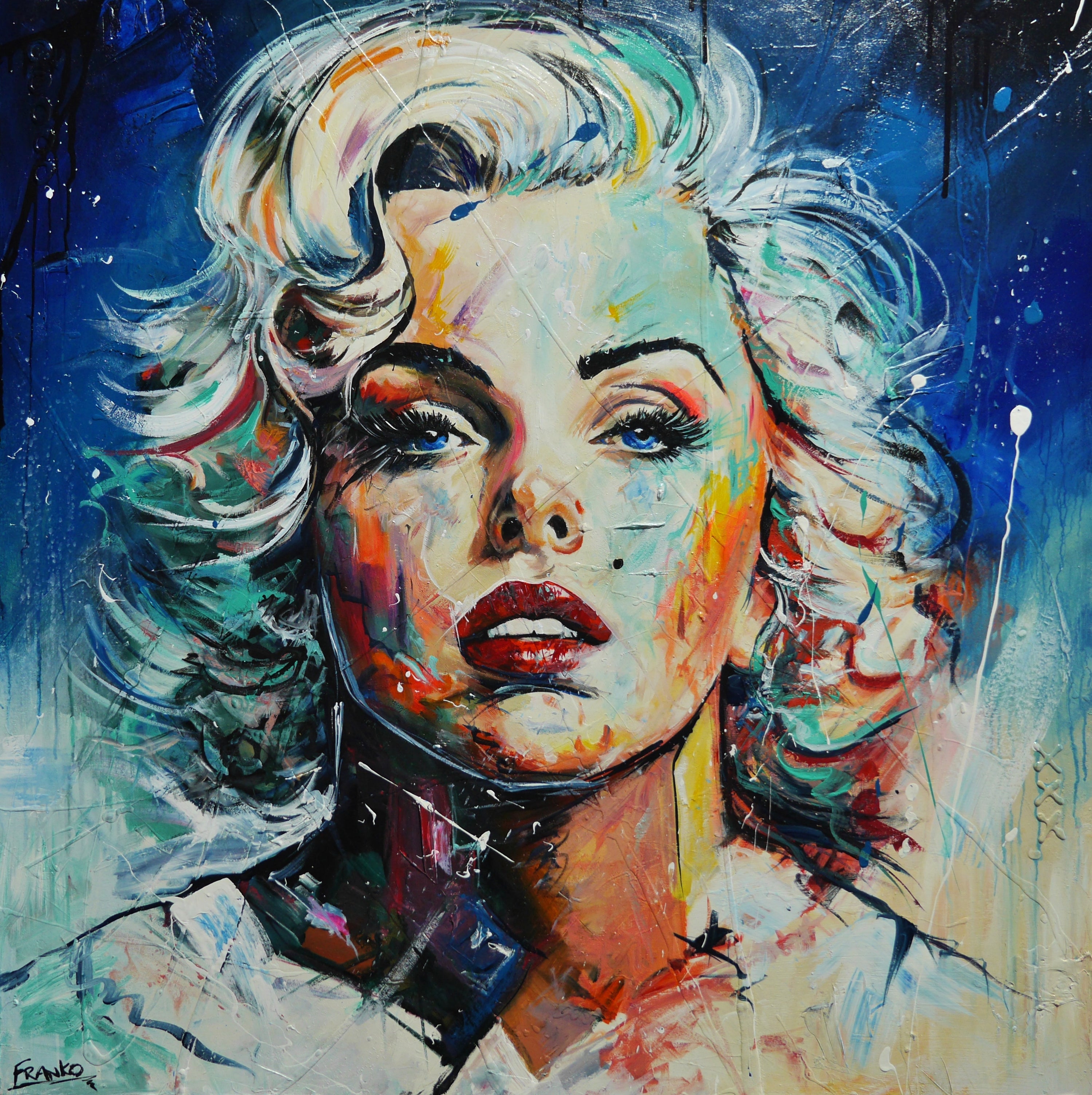 Teal Blond 120cm x 120cm Marilyn Munroe Textured Abstract Realism Painting (SOLD)-abstract realism-[Franko_Artist]-[Australian_artist]-[Gold_Coast]-[Brisbane]-[modern]-[contemporary]-[original]-[Large_artwork]-Franklin Art Studio