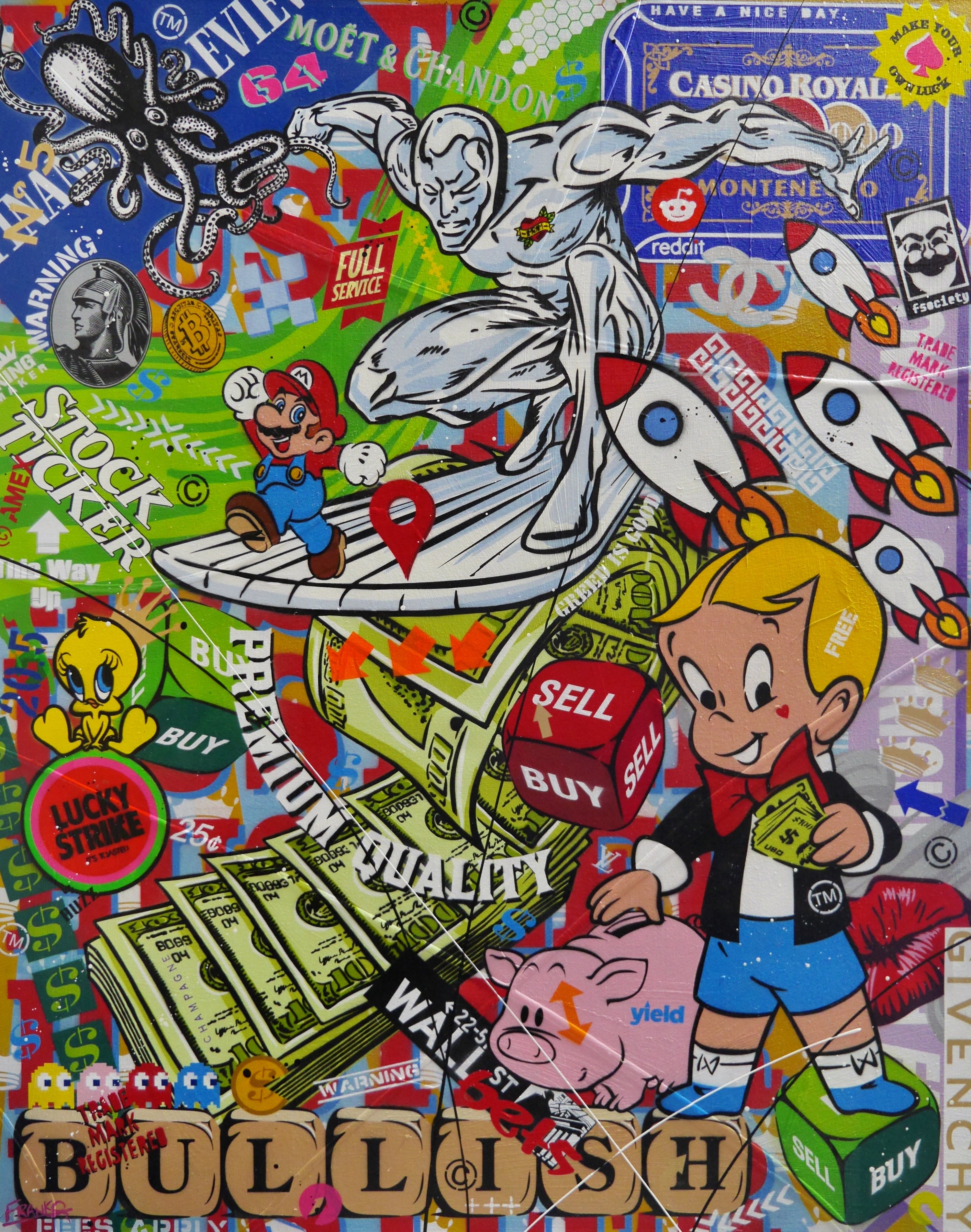 The Money Wave 120cm x 150cm Monopoly Man Textured Urban Pop Art Painting-Urban Pop Art-[Franko_Artist]-[Australian_artist]-[Gold_Coast]-[Brisbane]-[modern]-[contemporary]-[original]-[Large_artwork]-Franklin Art Studio