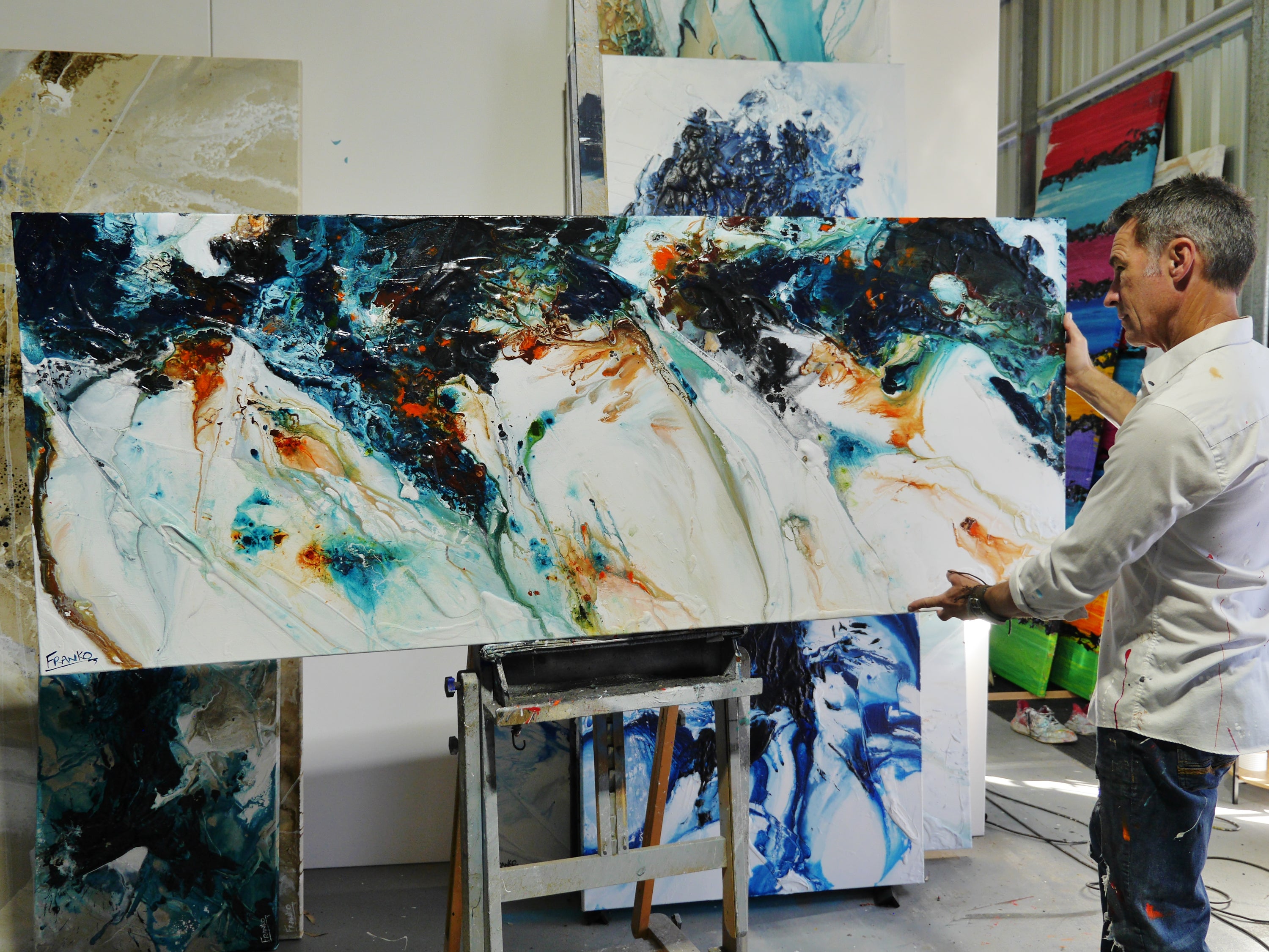 Reefed 200cm x 80cm Blue Teal Ochre Textured Abstract Painting (SOLD)-Abstract-[Franko_Artist]-[The_Block]-[Dream_Homes]-[ideas]- [Grand_Designs]-Franklin Art Studio