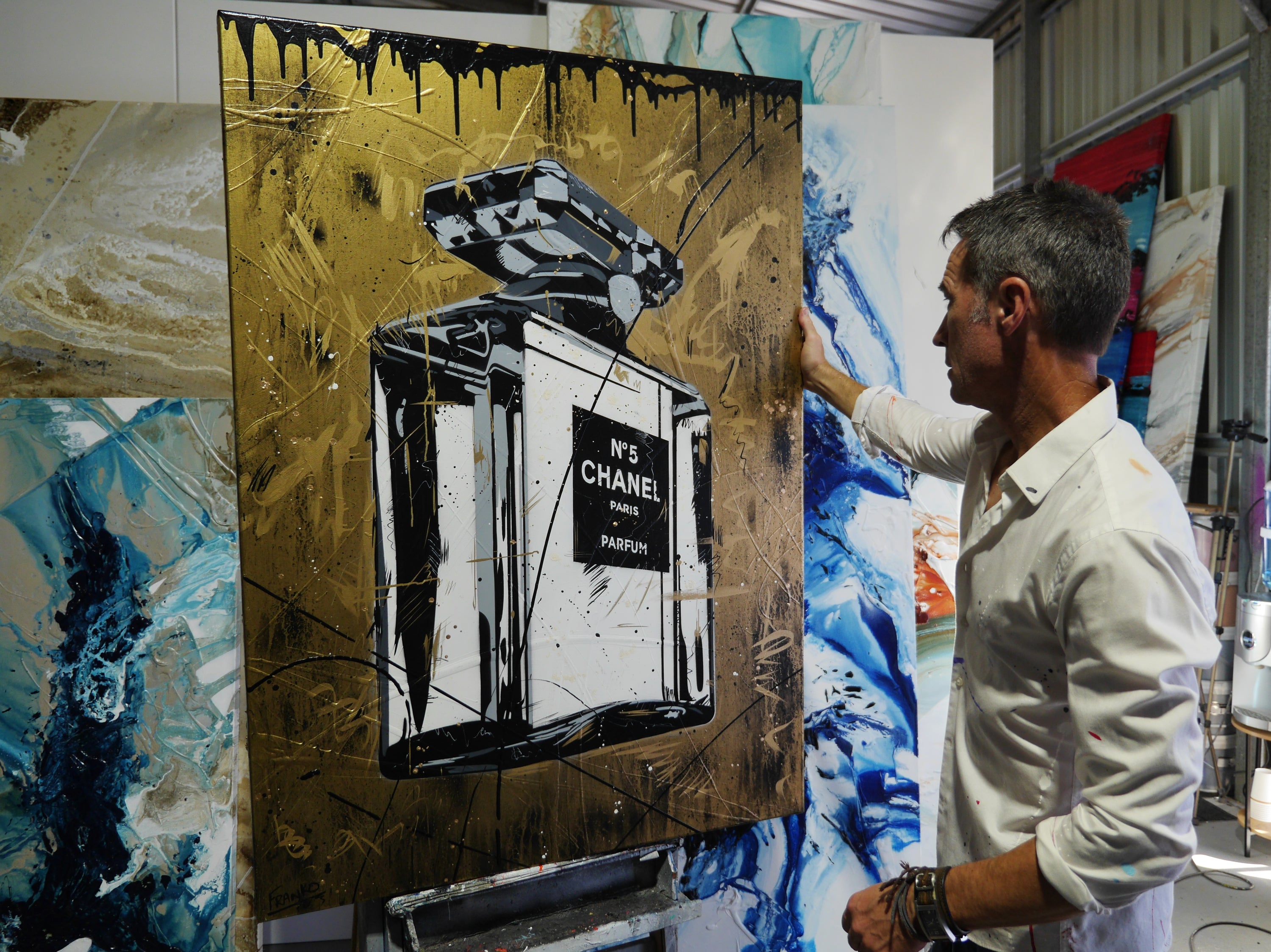 Rolled Gold 140cm x 100cm Metallic Gold Perfume Bottle Textured Urban Pop Art Painting (SOLD)-Urban Pop Art-[Franko_Artist]-[The_Block]-[Dream_Homes]-[ideas]- [Grand_Designs]-Franklin Art Studio