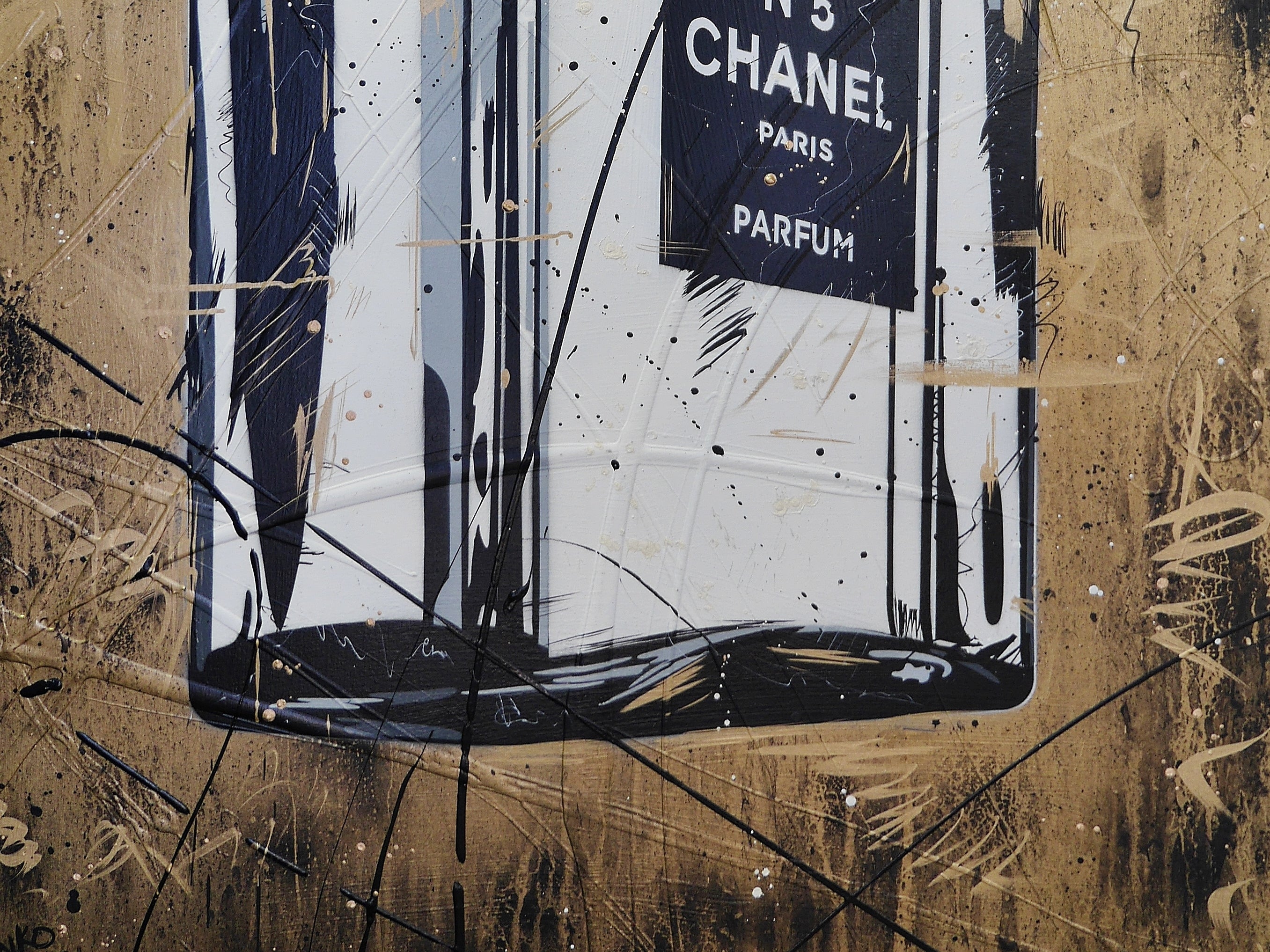 Rolled Gold 140cm x 100cm Metallic Gold Perfume Bottle Textured Urban Pop Art Painting (SOLD)