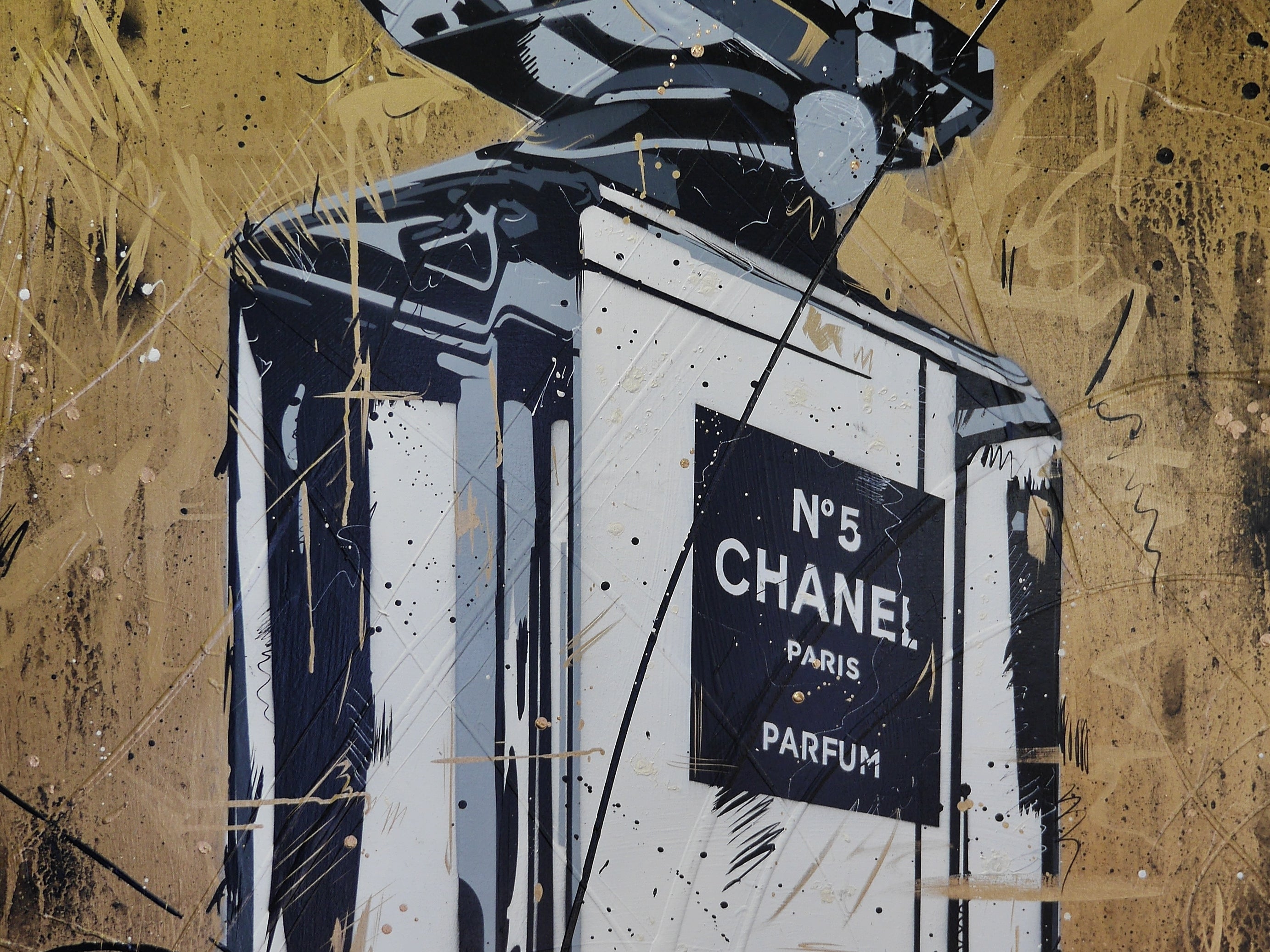 Rolled Gold 140cm x 100cm Metallic Gold Perfume Bottle Textured Urban Pop Art Painting (SOLD)