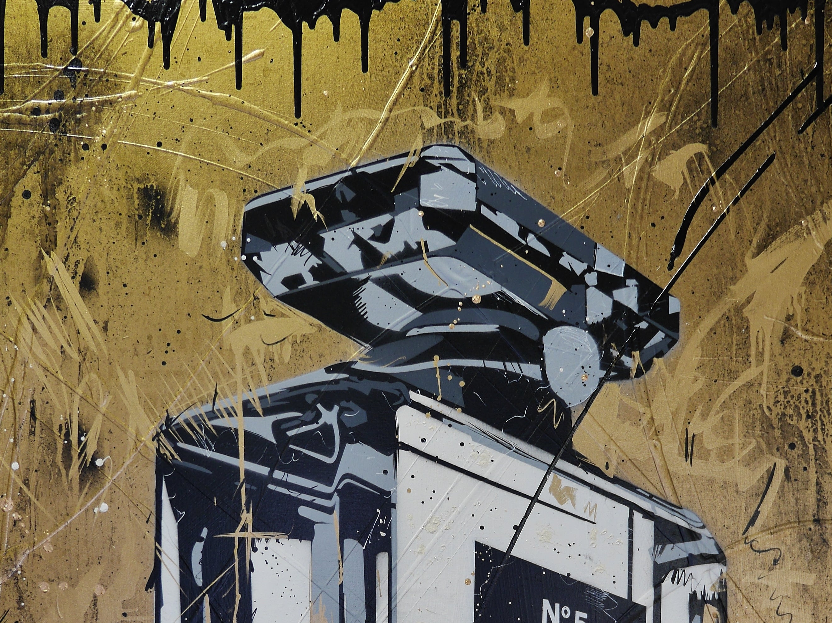 Rolled Gold 140cm x 100cm Metallic Gold Perfume Bottle Textured Urban Pop Art Painting (SOLD)