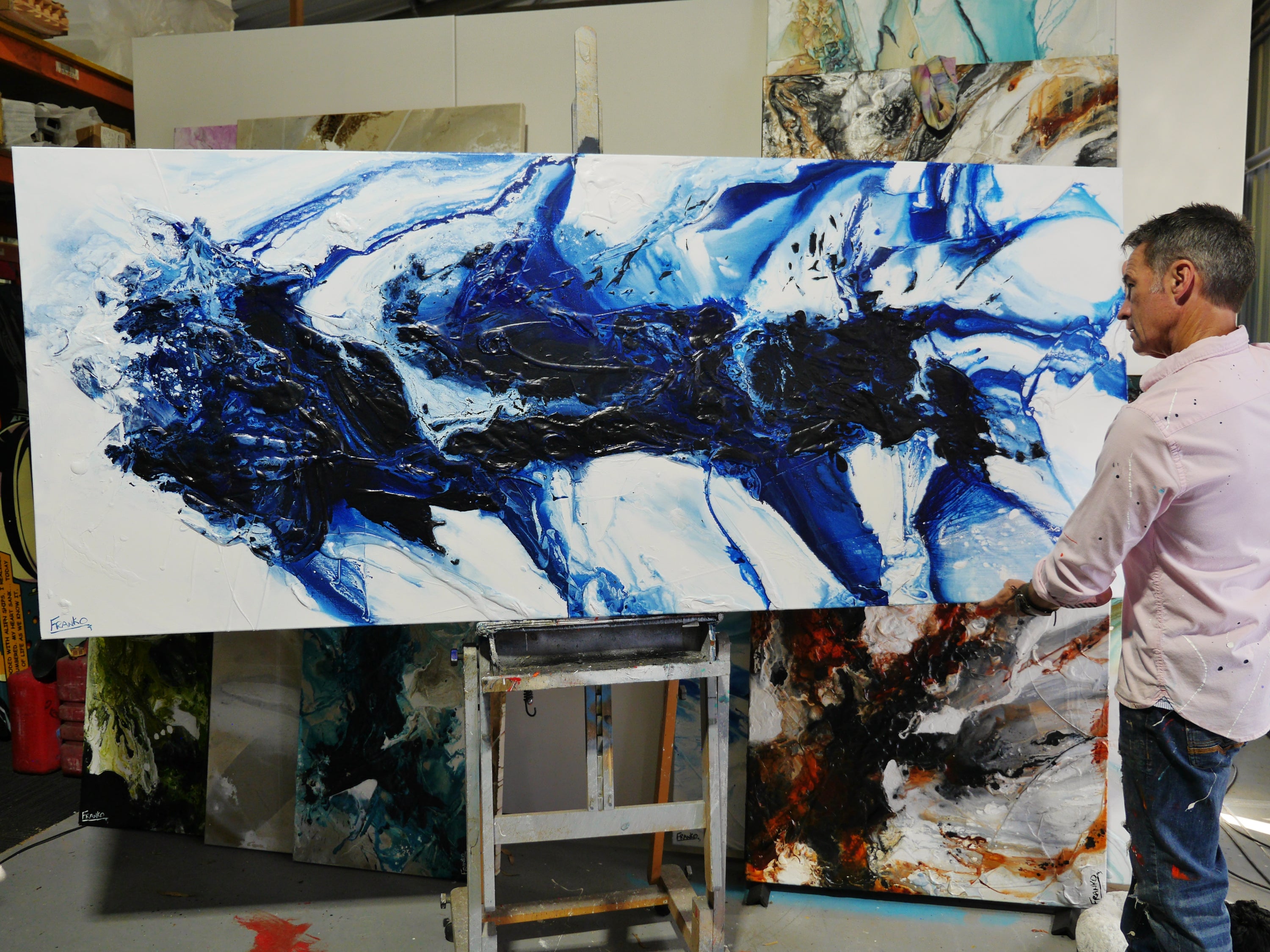 Dreams at Midnight 240cm x 100cm Navy White Textured Abstract Painting (SOLD)