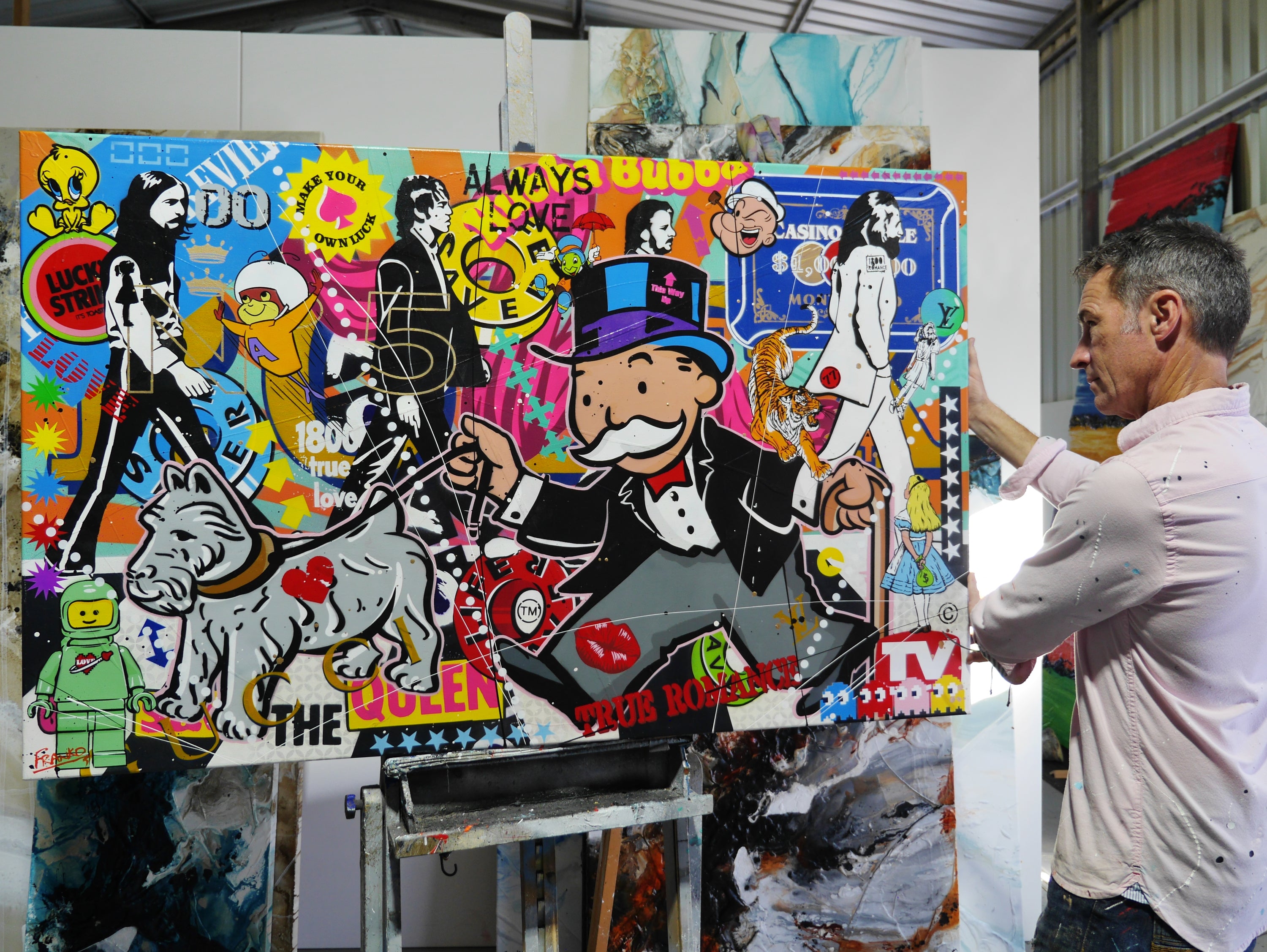 Abbey Road Days 160cm x 100cm Monopoly Man Textured Urban Pop Art Spray Paint Painting (SOLD)-Urban Pop Art-[Franko_Artist]-[The_Block]-[Dream_Homes]-[ideas]- [Grand_Designs]-Franklin Art Studio