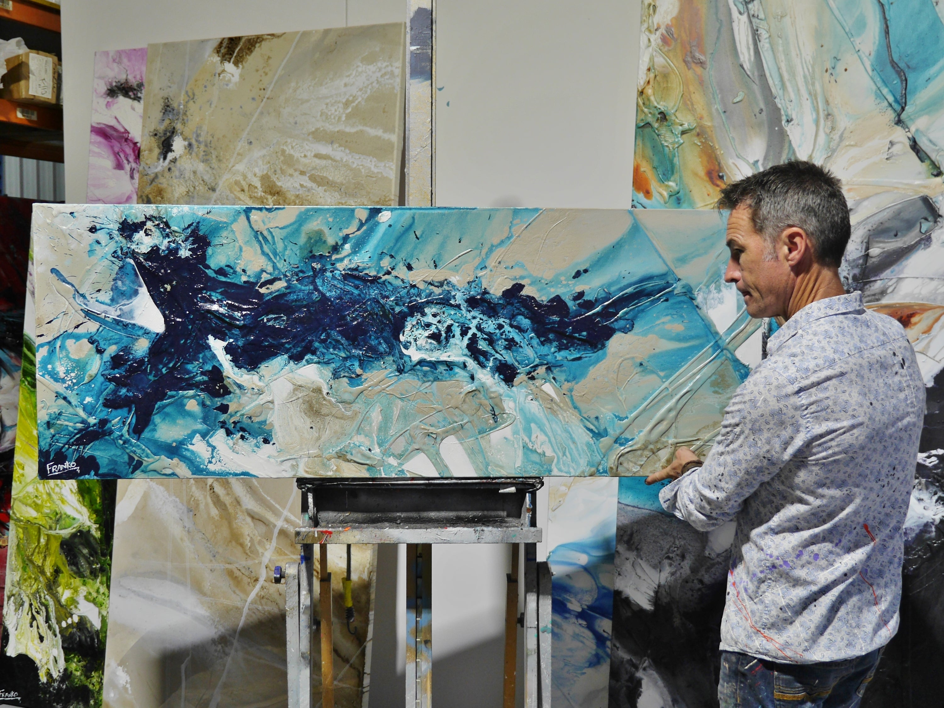 Malted 160cm x 60cm Navy Blues Malt White Textured Abstract Painting (SOLD)-Abstract-[Franko_Artist]-[The_Block]-[Dream_Homes]-[ideas]- [Grand_Designs]-Franklin Art Studio