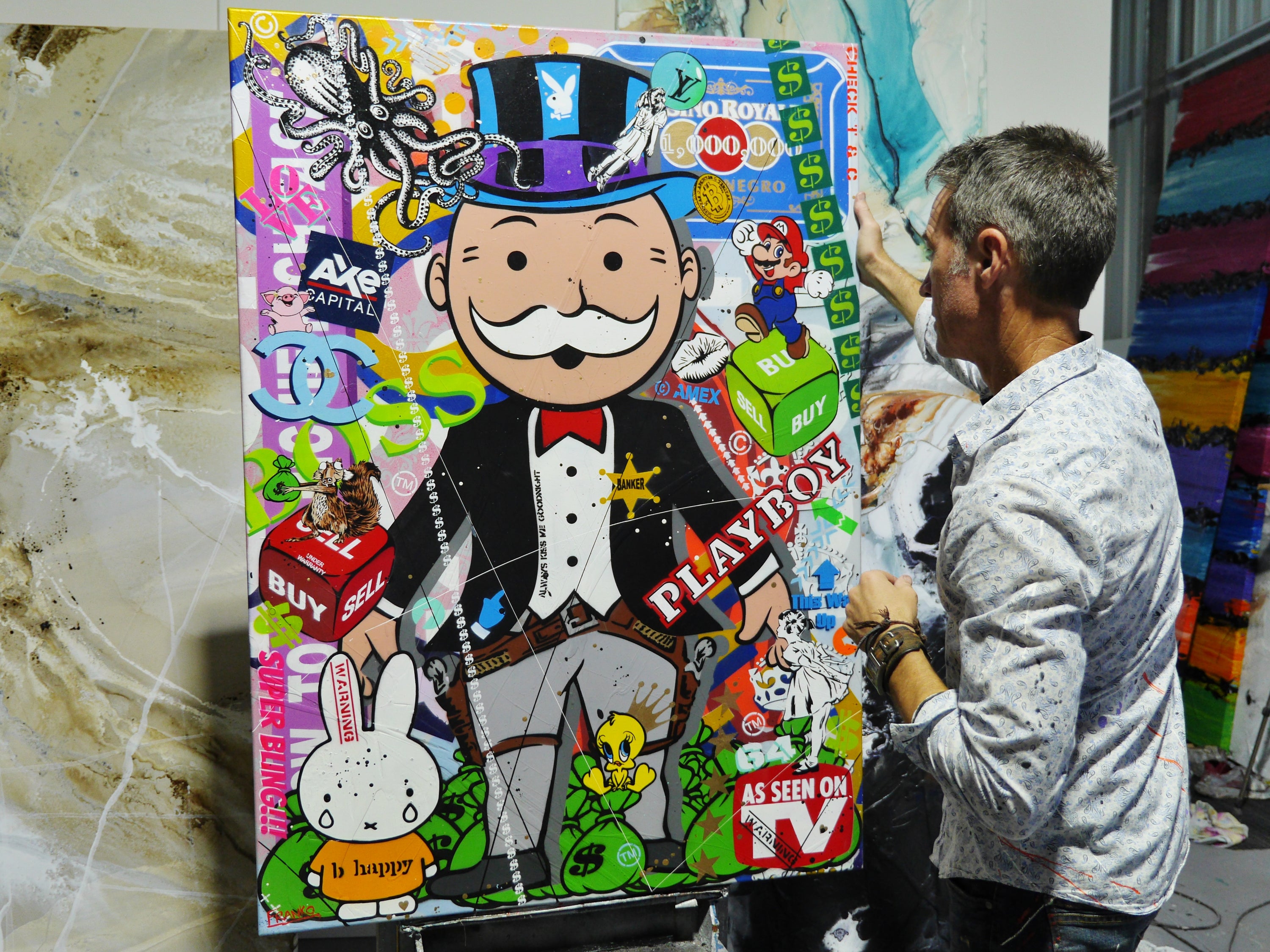 Buy the Bank 100cm x 140cm Monopoly Man Textured Urban Pop Art Spray Paint Painting (SOLD)-Urban Pop Art-[Franko_Artist]-[The_Block]-[Dream_Homes]-[ideas]- [Grand_Designs]-Franklin Art Studio