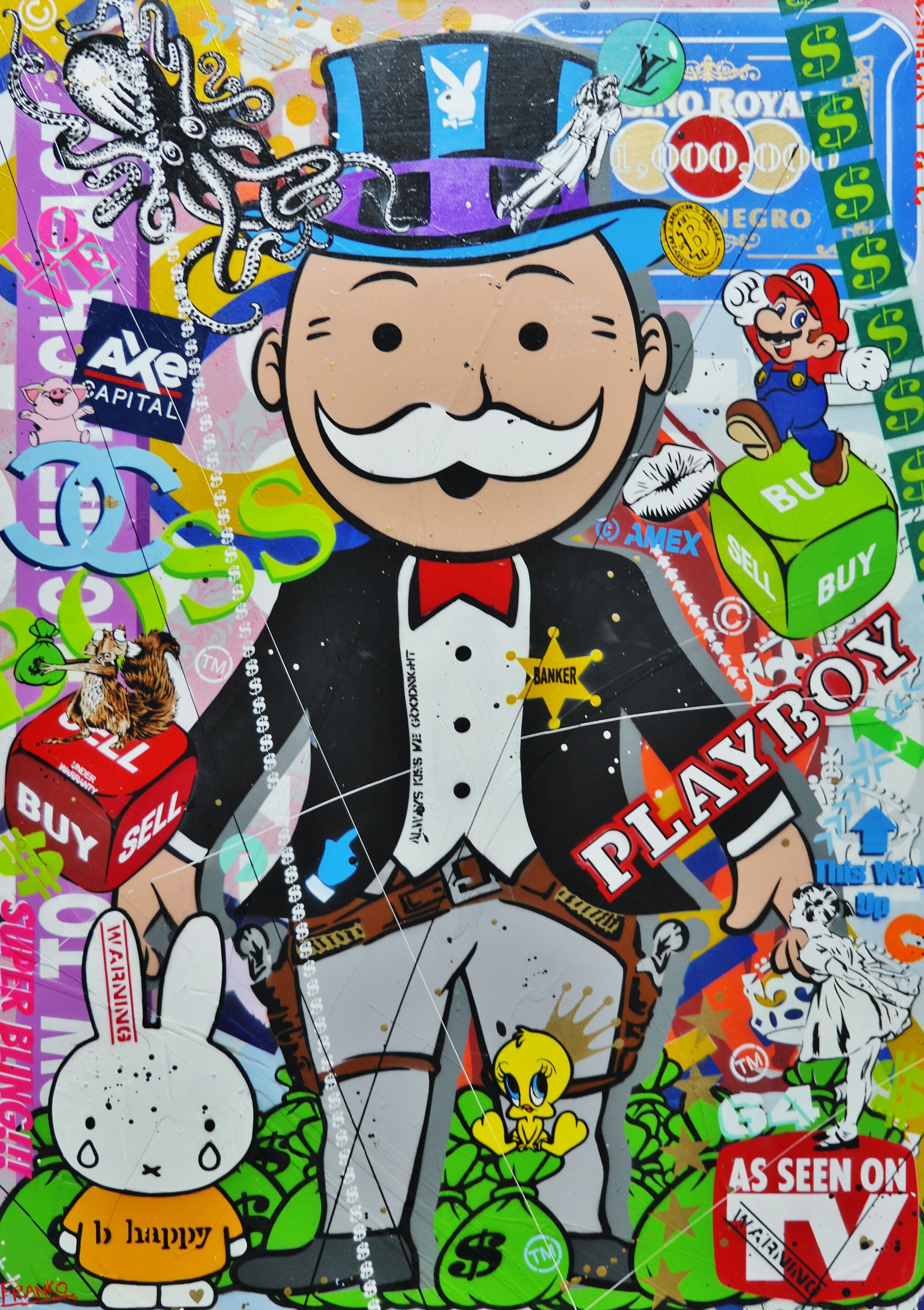 Buy the Bank 100cm x 140cm Monopoly Man Textured Urban Pop Art Spray Paint Painting (SOLD)-Urban Pop Art-[Franko_Artist]-[Australian_artist]-[Gold_Coast]-[Brisbane]-[modern]-[contemporary]-[original]-[Large_artwork]-Franklin Art Studio