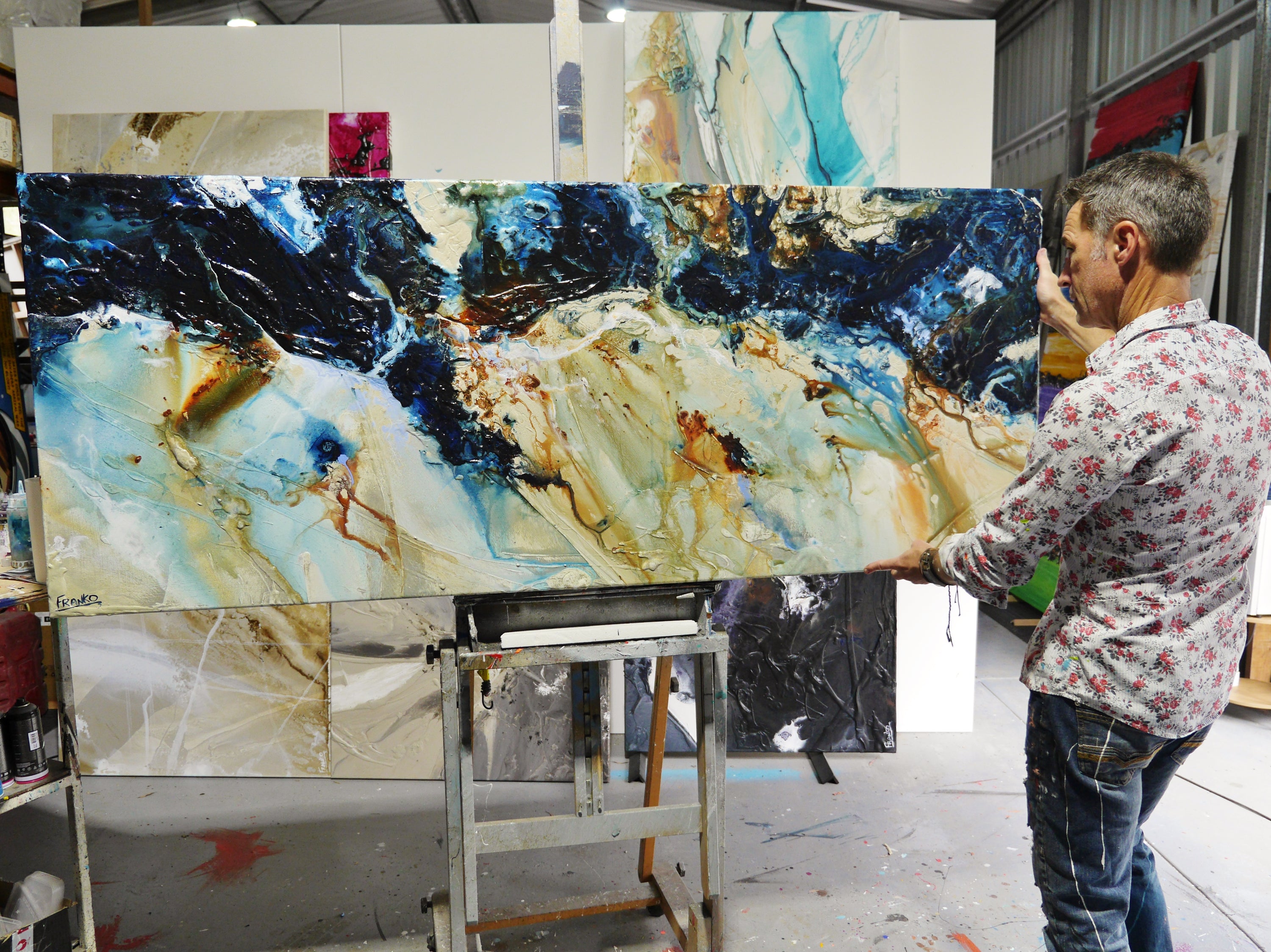 After Midnight 200cm x 80cm Blue Ochre Textured Abstract Painting (SOLD)-Abstract-[Franko_Artist]-[The_Block]-[Dream_Homes]-[ideas]- [Grand_Designs]-Franklin Art Studio
