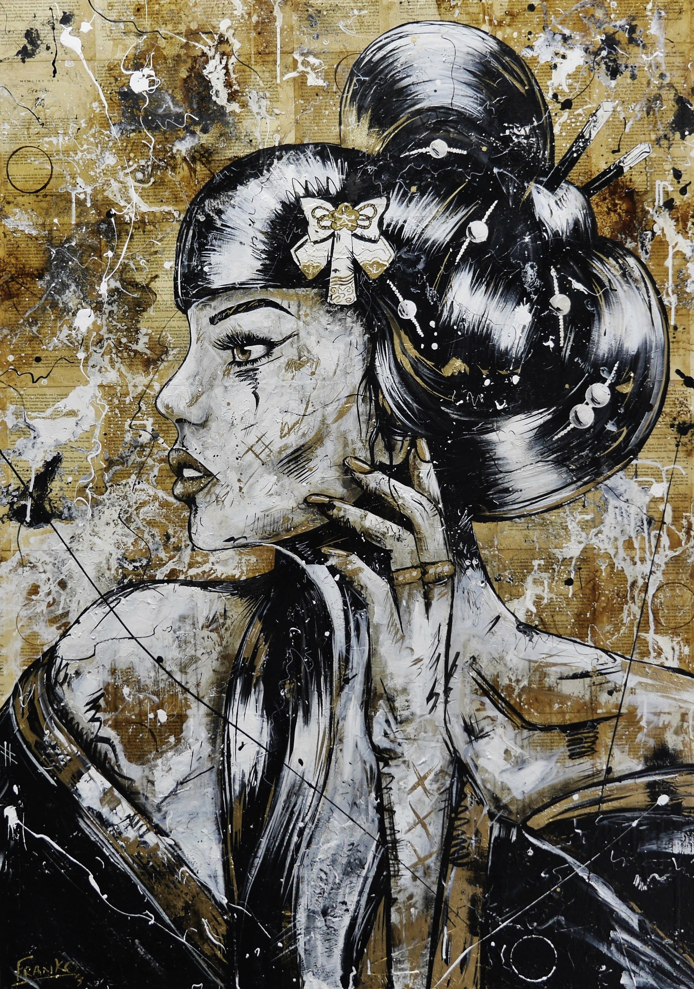 Golden Tigerlily 100cm x 140cm Geisha Abstract Realism Book Club Painting (SOLD)-book club-[Franko_Artist]-[Australian_artist]-[Gold_Coast]-[Brisbane]-[modern]-[contemporary]-[original]-[Large_artwork]-Franklin Art Studio